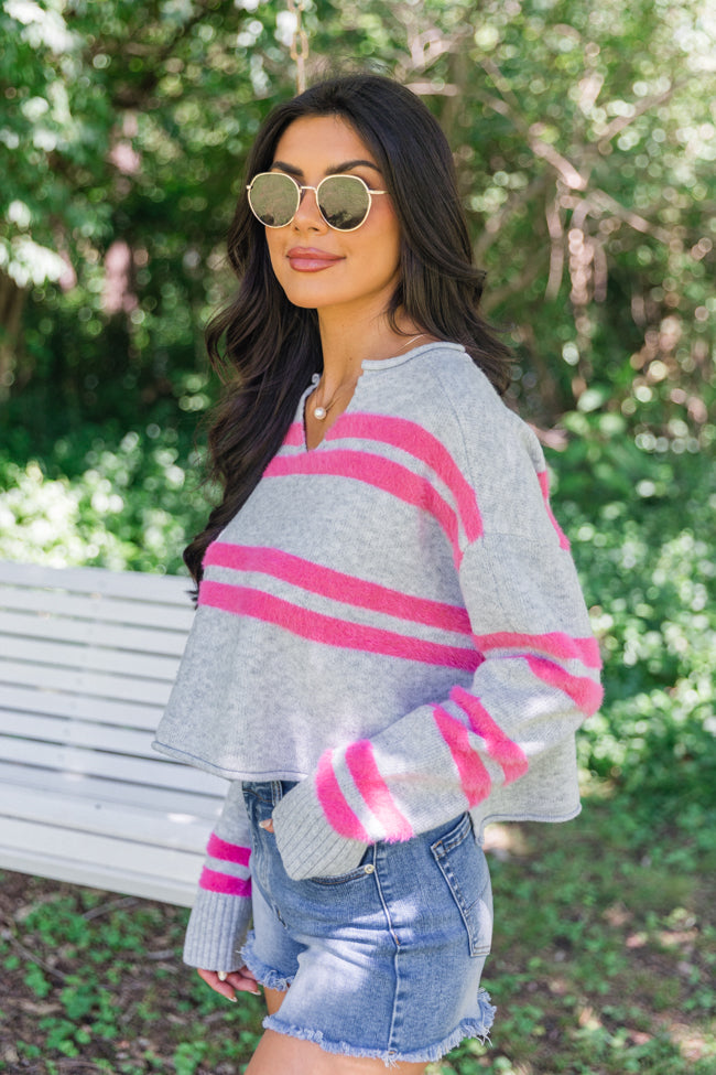 Sweet Affection Grey and Fuchsia Striped Notched Neck Sweater for Women - Cozy Pullover for Fall & Winter - Perfect for Casual Outings and Office Wear