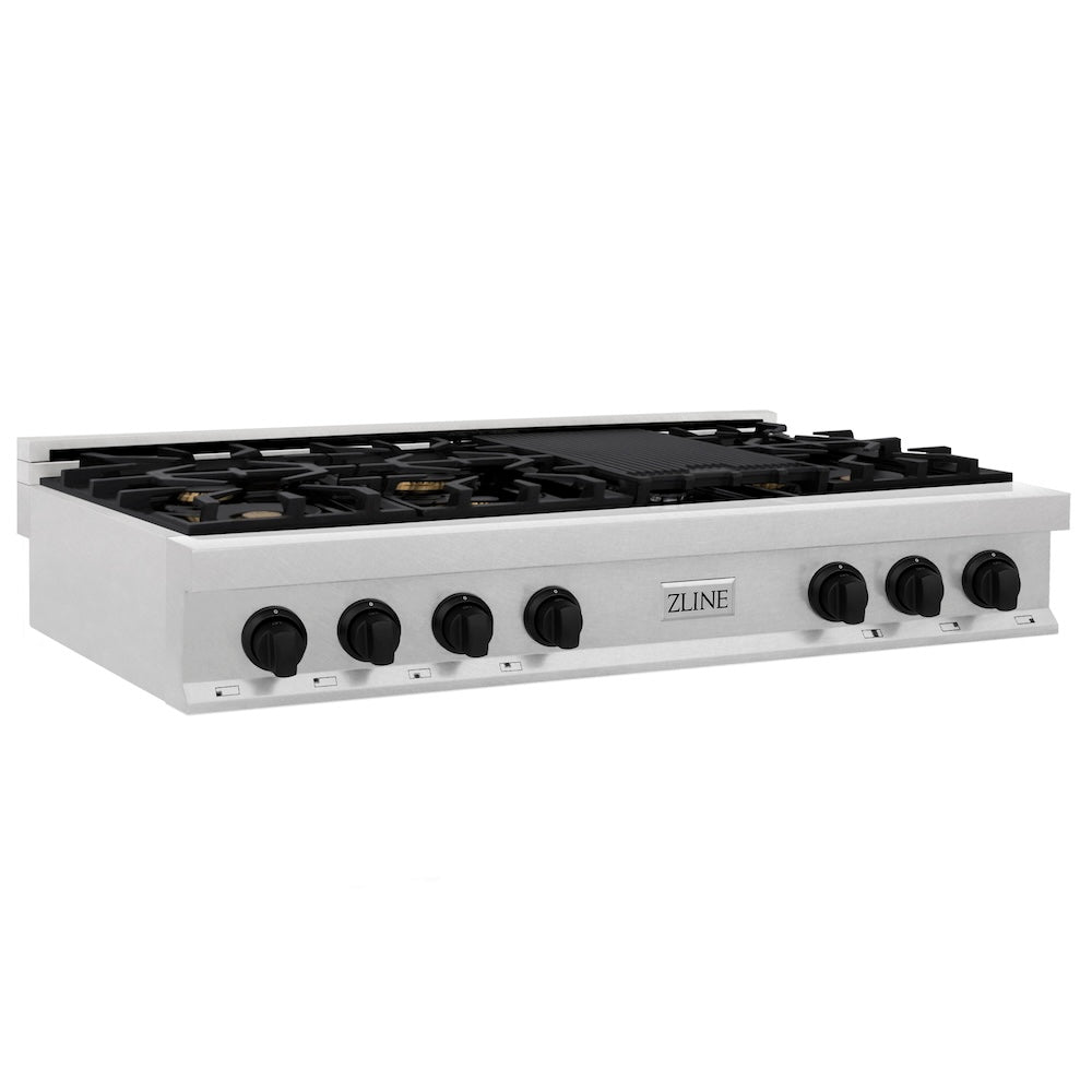 ZLINE Autograph Edition 48-Inch 7-Burner Gas Rangetop with Porcelain Cooktop - Satin Stainless Steel & Matte Black Accents (RTSZ 48 MB) | Professional-Grade Stove for Home Chefs & Gourmet Cooking