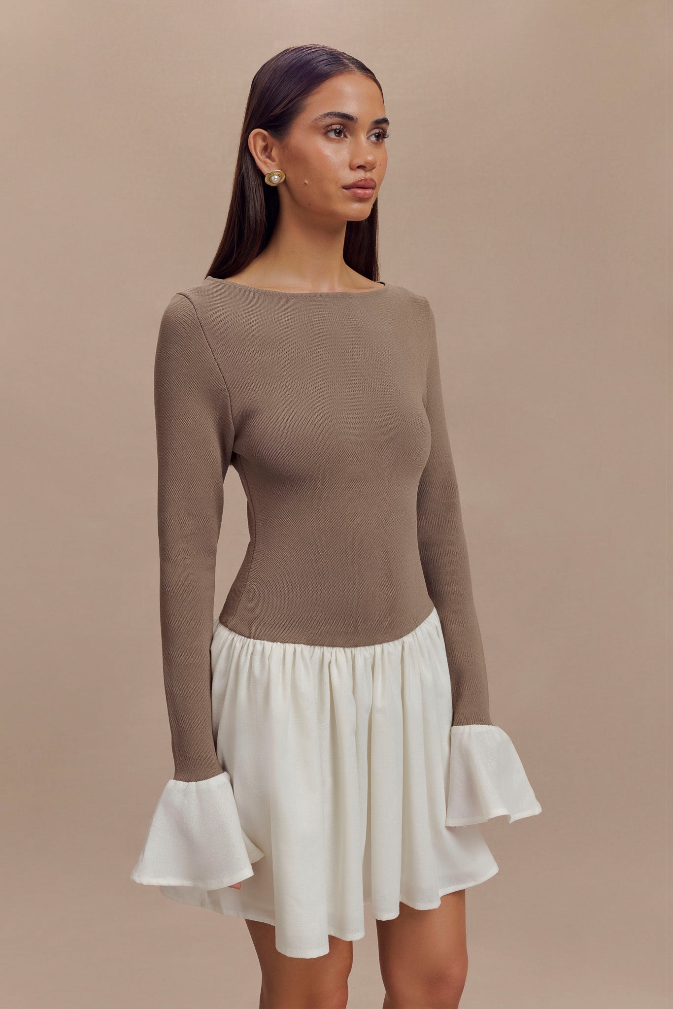 Sansa Knit and Linen Mini Dress in Smoke & Ivory - Elegant Summer Casual Outfit for Beach, Brunch, and Date Nights