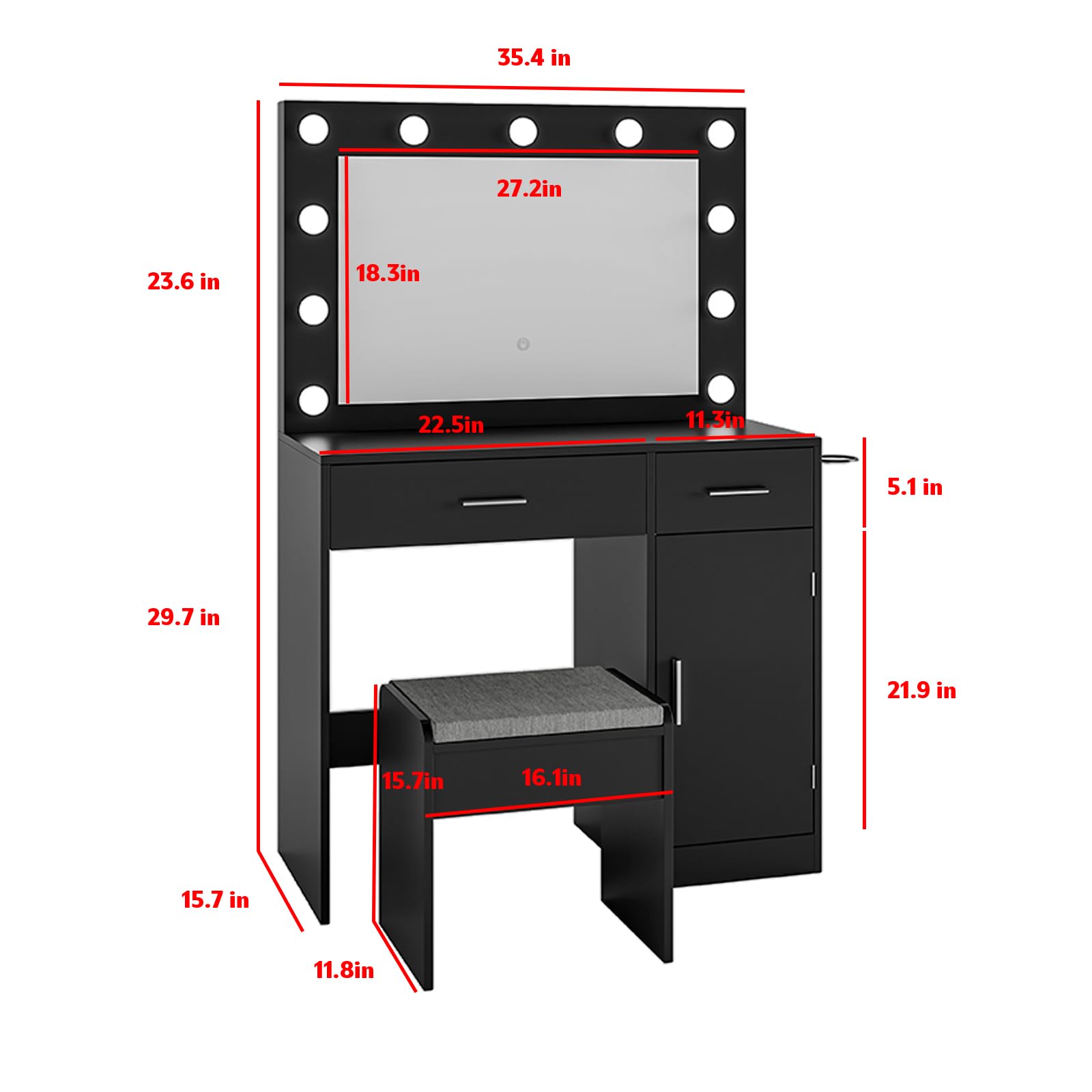 Elegant Vanity Desk with Mirror, Large Storage Drawer & Built-in Power Outlet - 11 LED Bulbs & 3 Adjustable Lighting Modes, Perfect Makeup Dressing Table for Bedroom, Home Decor (Black) | Ideal for Makeup Application, Skincare Routine & Home Styling