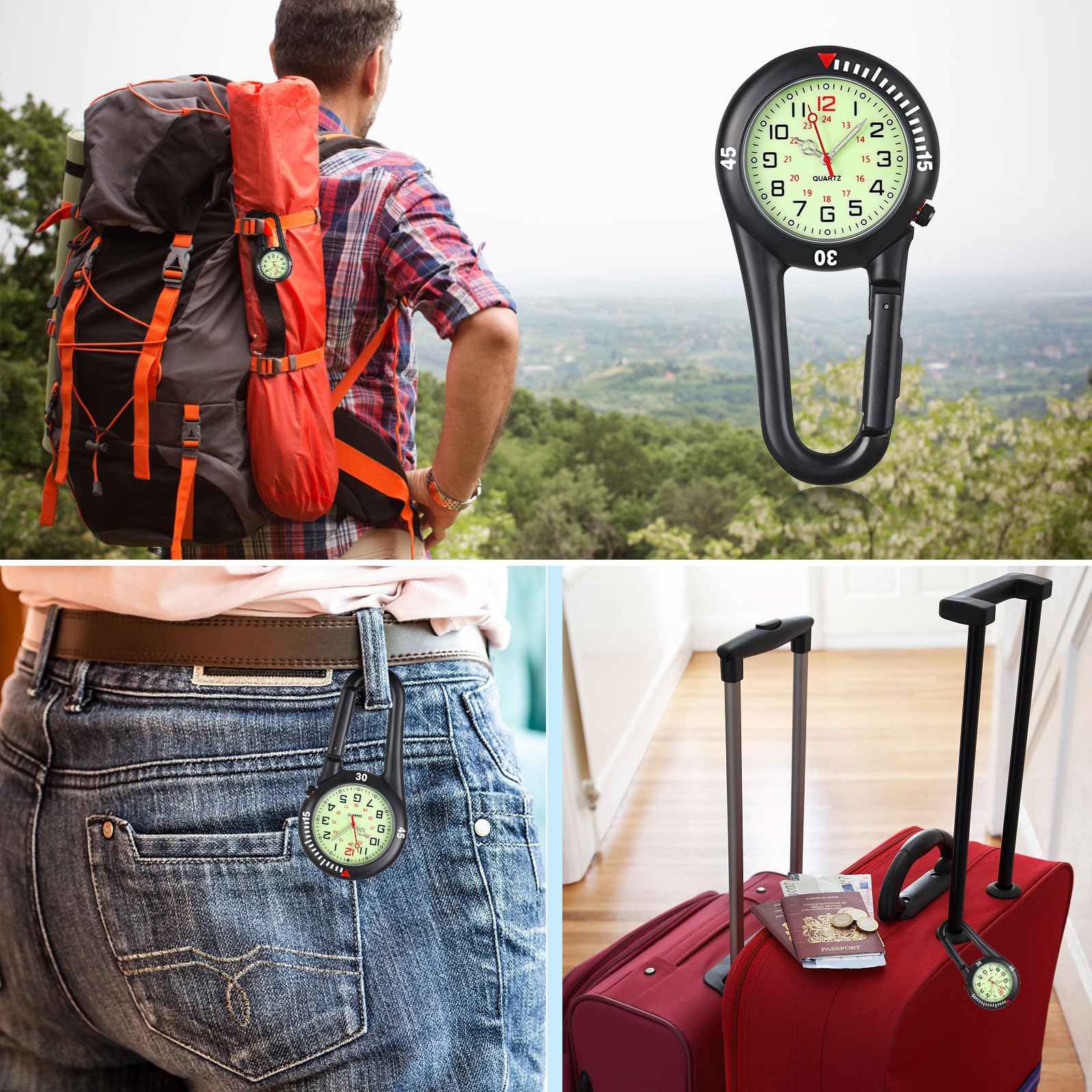 Nurse Watch Clip On Fob Watch with Carabiner - Black Quartz Dial Watch for Medical Professionals, Doctors, Nurses & Paramedics - Perfect for Healthcare Workers, Chefs & Outdoor Activities
