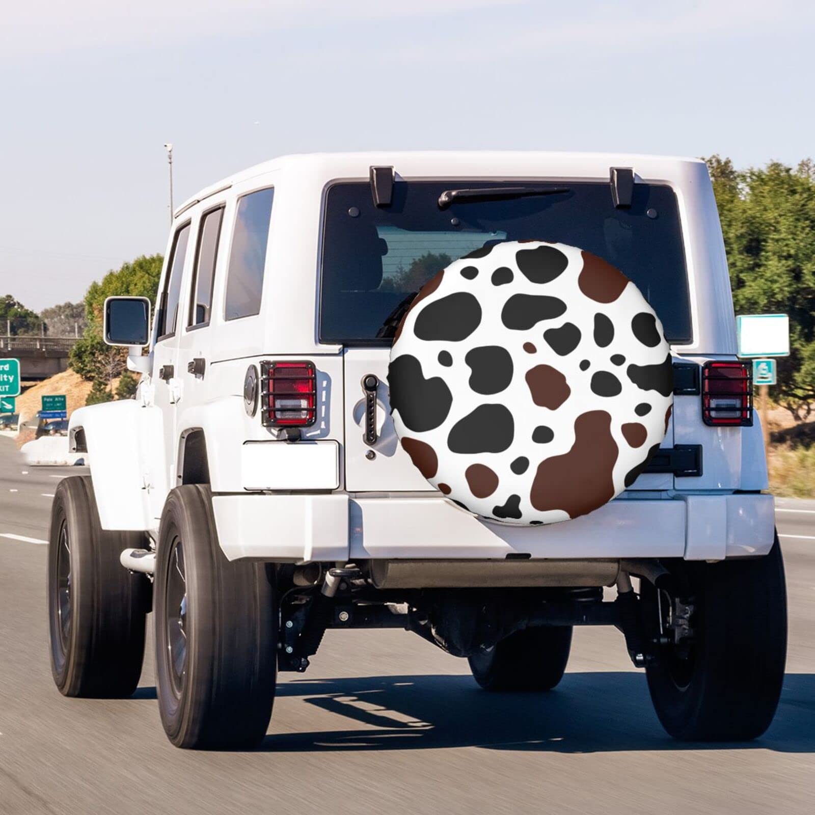 White Cow Print Black Brown Spot Spare Tire Cover - 14 Inch Dust-Proof Wheel Protector for Trailer, RV, SUV & Vehicles - Perfect for Outdoor Camping & Road Trips