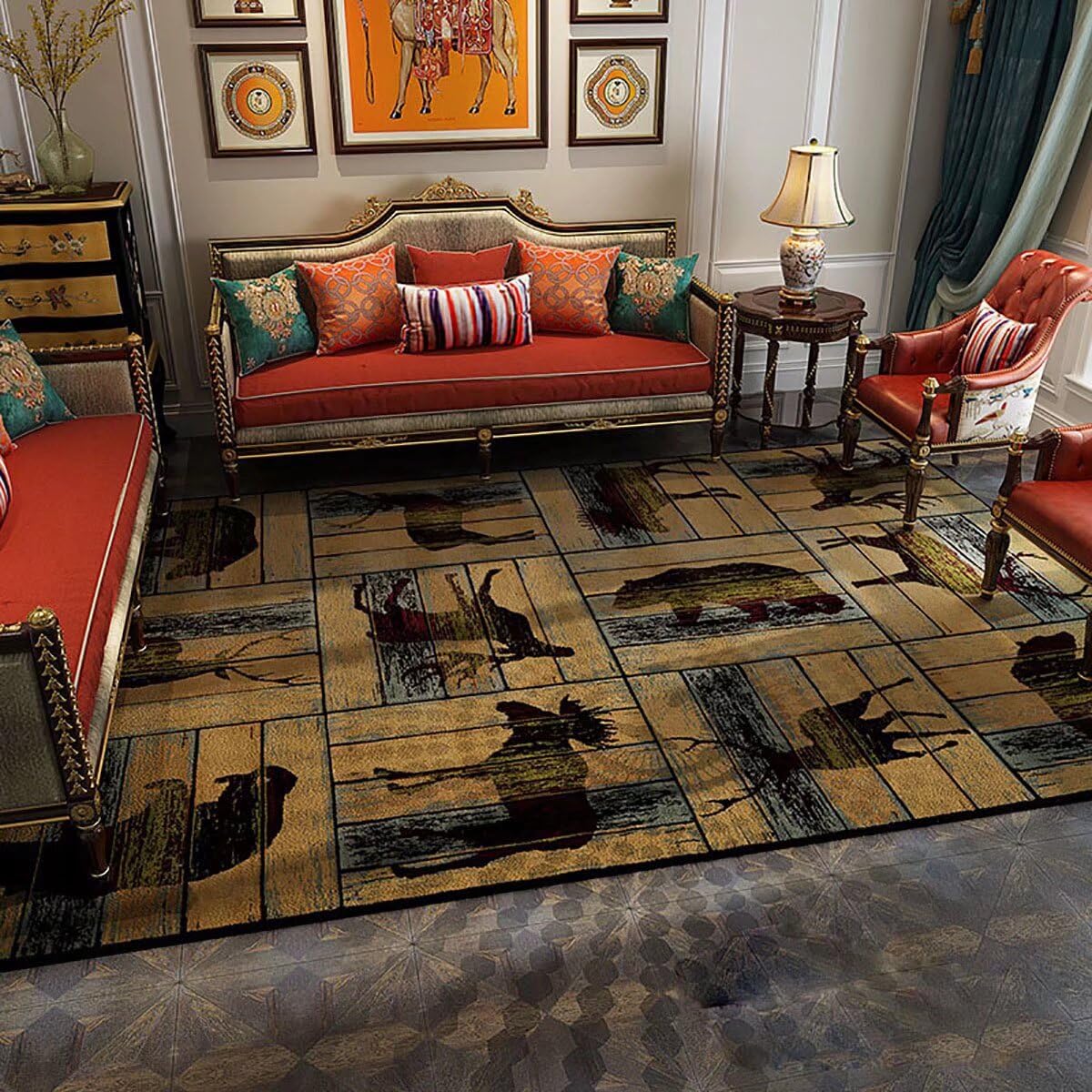 Rustic Wooden Texture Bear Elk Deer Moose Shadow Print Area Rug - 2'x3' Washable Floor Carpet for Living Room, Dining Room & Bedroom - Country Style Home Decor Throw Rug for Cabin, Lodge or Farmhouse