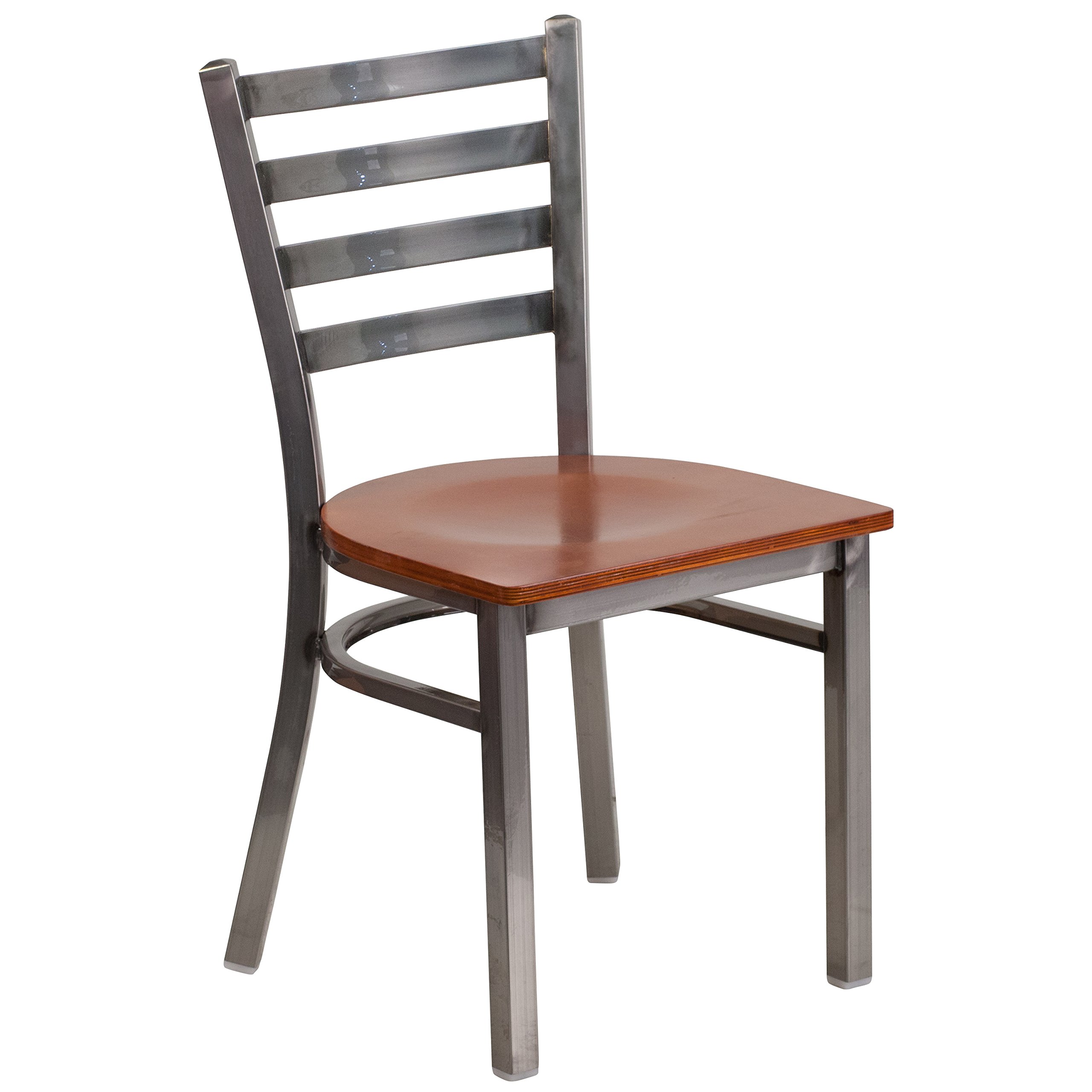 Clear Coated Ladder Back Metal Restaurant Chair with Cherry Wood Seat - Durable Commercial Dining Furniture for Cafes, Bistros and Home Kitchens