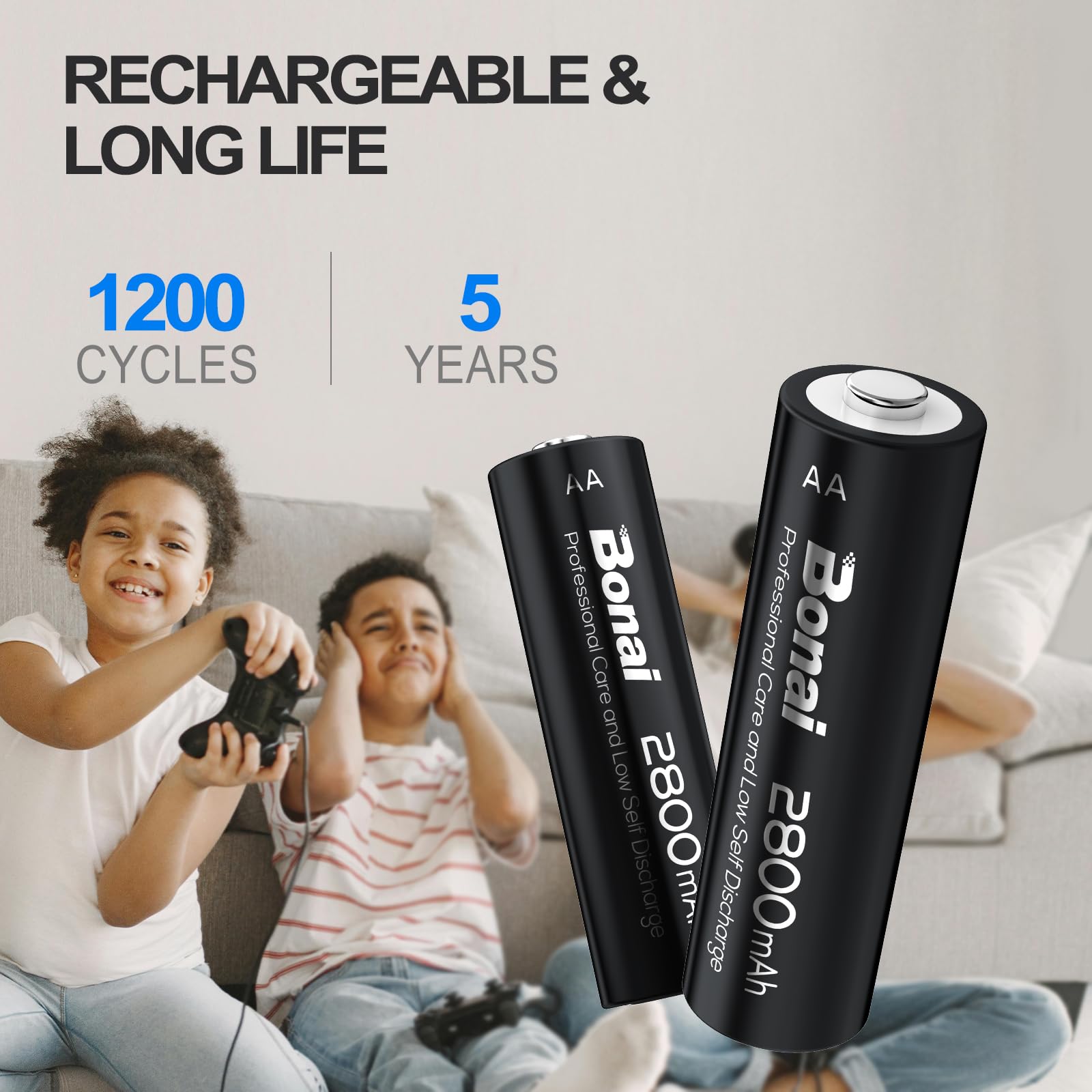 BONAI AA Rechargeable Batteries 2800mAh 1.2V Ni-MH Low Self Discharge (8-Pack) - Perfect for Digital Cameras, Flashlights, Toys, and Wireless Devices
