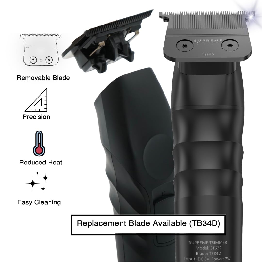 Supreme Trimmer 2Speed Professional Hair Clipper - Cordless Rechargeable with Removable Blades, 2 Adjustable Speeds & Battery Display | Zero Gap Design for Precise Fading | Perfect for Home Barbering, Beard Trimming & Personal Grooming | ST622 Black