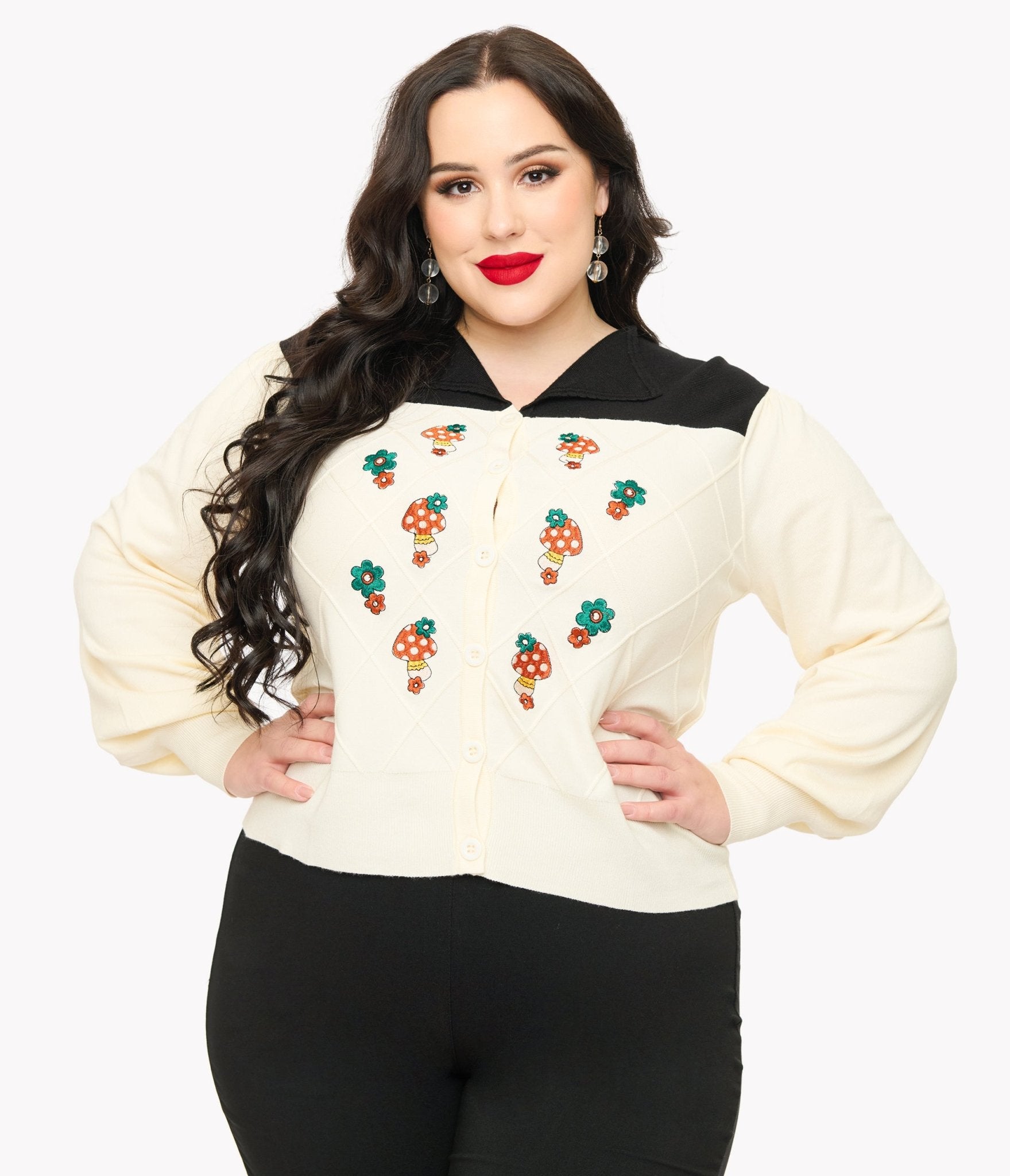 Smak Parlour Plus Size 1960s Vintage Ivory & Black Mushroom Embroidered Cardigan Sweater | Retro Boho Chic Knitwear for Women | Perfect for Fall Layering, Office Wear & Casual Outfits