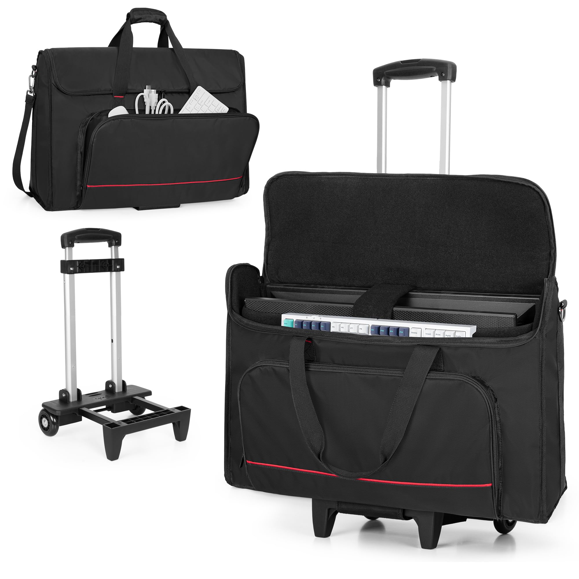 Trunab Rolling Monitor Carry Case for 24 Inch Monitors - Padded LCD Screen Travel Bag with Detachable Trolley, Holds 2 Screens/TVs & Accessories (Black) - Perfect for Office Moves, Trade Shows & AV Equipment Transport