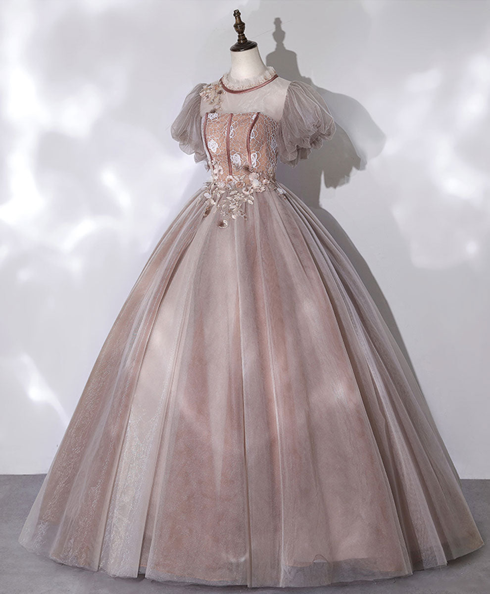 Elegant Pink Tulle Long Prom Dress with Applique Beading - Sweet 16 Formal Gown for Homecoming, Quinceañera & Special Occasions