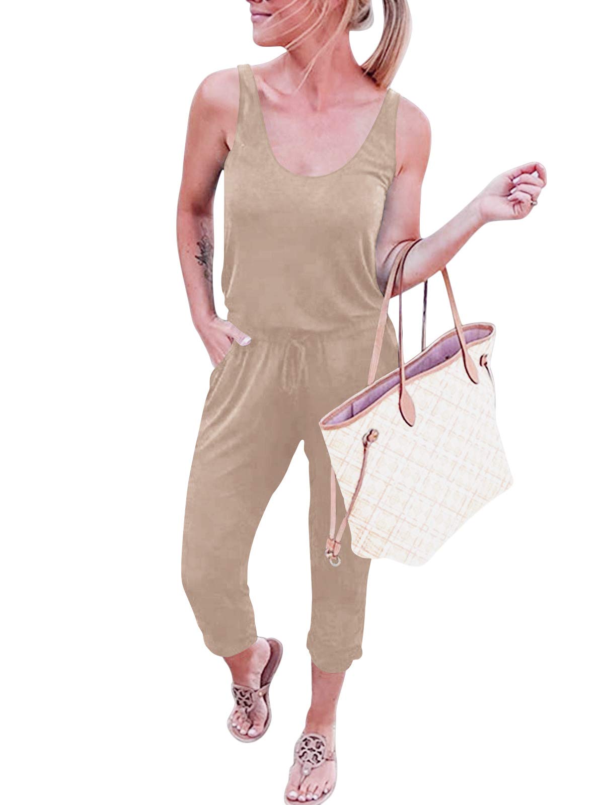 ANRABESS Women's Casual Sleeveless Tank Jumpsuit - Elastic Waist Drawstring Romper with Pockets | Summer Loose Fit Outfit for Beach, Vacation & Outdoor Activities