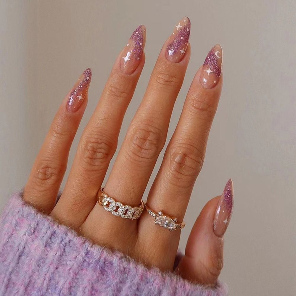 24Pcs/Box Almond Round Wavy False Nails - Detachable Stiletto Press On Nails with Full Cover French Ballerina Tips | Perfect for Parties, Weddings & Special Occasions