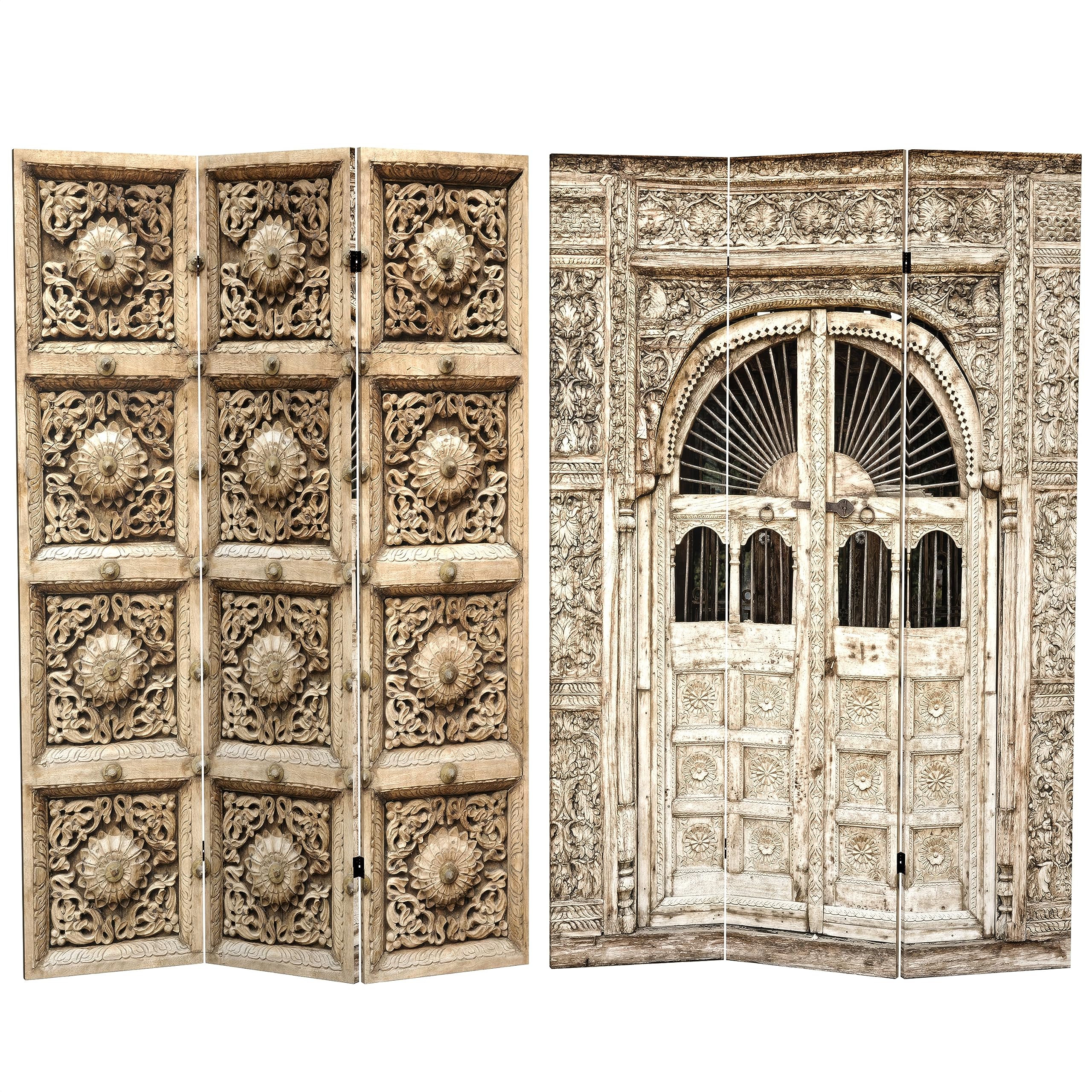 6 ft Tall Red Lantern Double-Sided Stone Doorway Canvas Room Divider - Beige | Freestanding Partition Screen for Living Room, Bedroom, Office & Event Decor