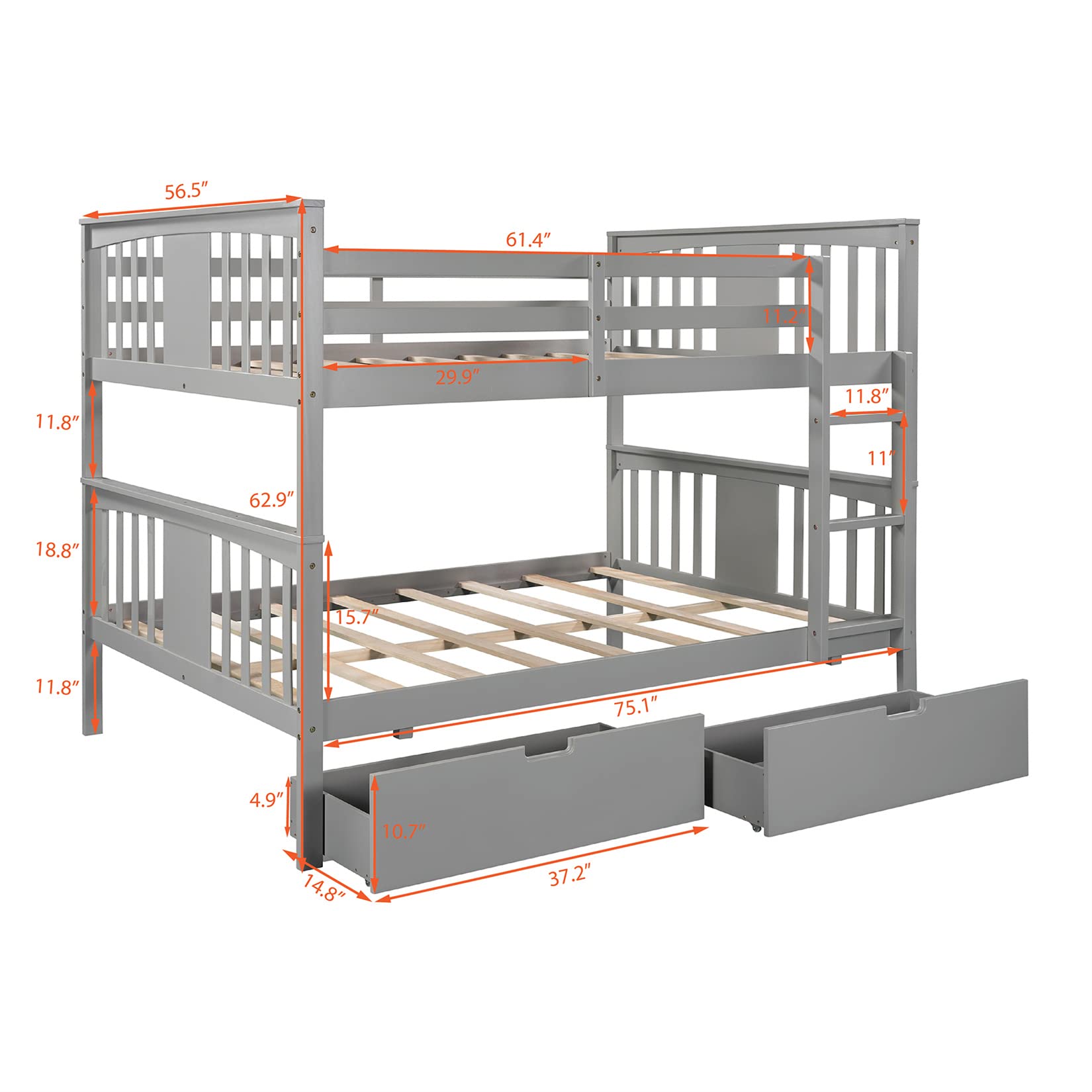 Full Over Full Bunk Beds with 2 Drawers for Kids Teens Adults - Detachable Wooden Bunk Bed Frame for Boys Girls Women Men in Gray - Perfect for Small Spaces, Guest Rooms & Shared Kids Bedrooms