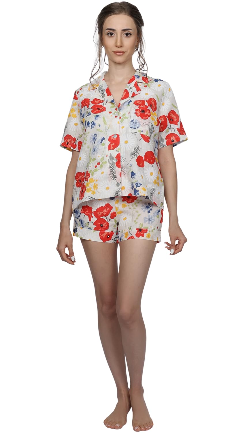 Luxury Woven Pajama Set for Women - Soft Short Sleeve Top & Floral Shorts | European Made Sleepwear for Summer Nights & Relaxation at Home