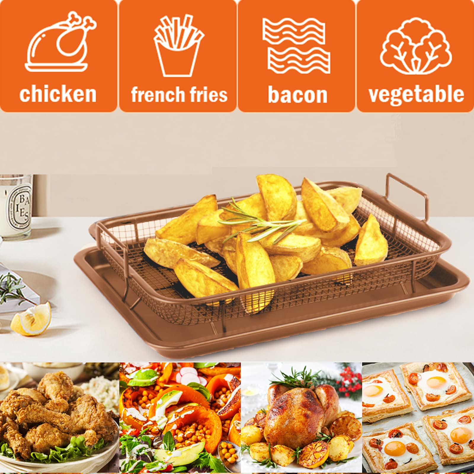Non-Stick Copper Air Fryer Basket & Crisping Tray Set (12.8