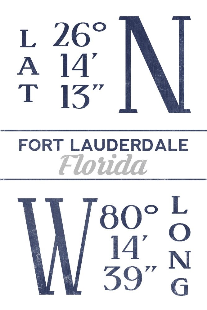 Fort Lauderdale Florida Latitude Longitude Coordinates Blue Art Print - 24x36 Signed Wall Decor Poster for Home Office Living Room Coastal Decor