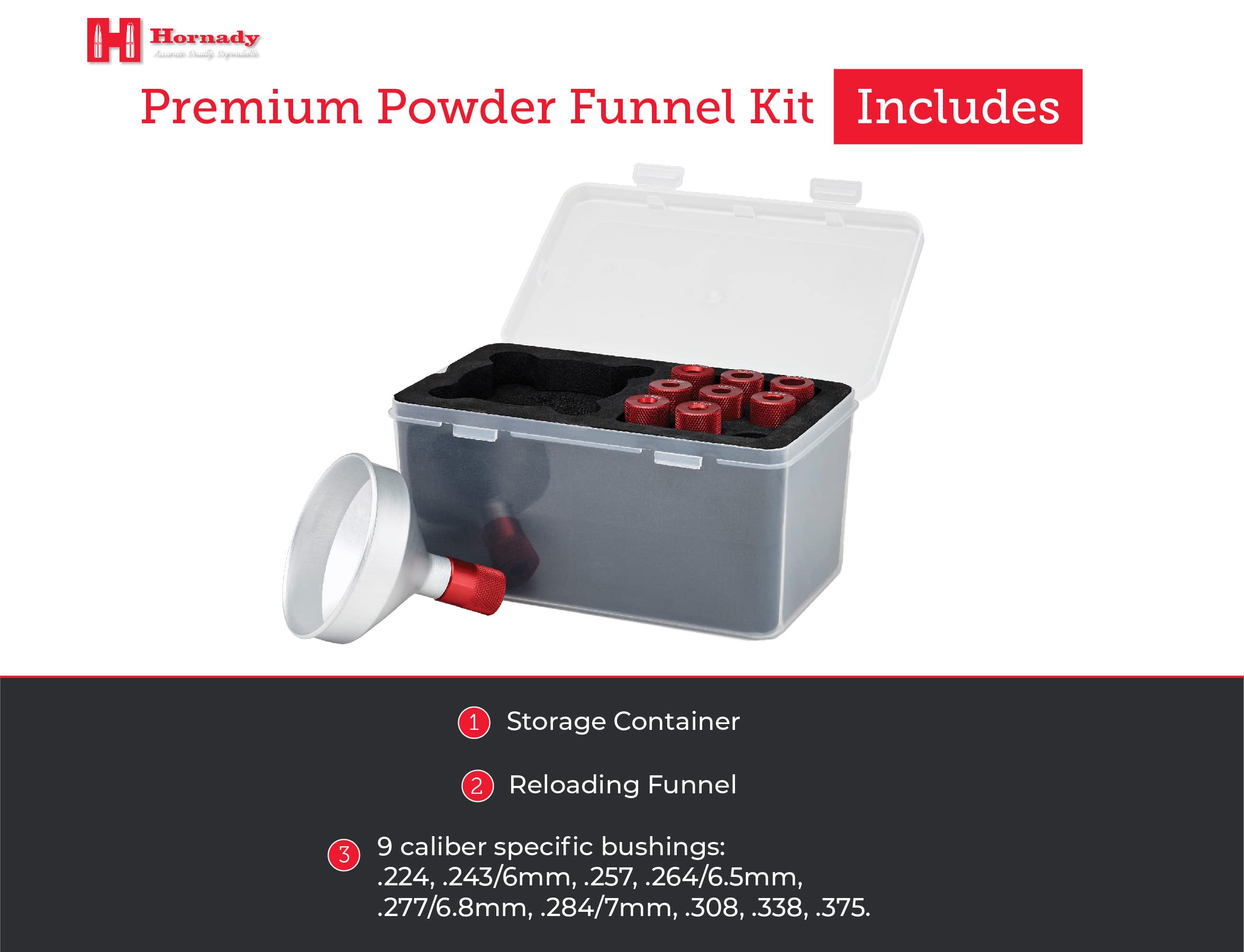 Hornady Premium Powder Funnel Kit 586059 - High Capacity Anti-Static Aluminum Powder Funnel for Reloading - Includes 9 Caliber Specific Adapters & Storage Case - Perfect for Ammo Reloading, Gun Cleaning & Shooting Range Maintenance