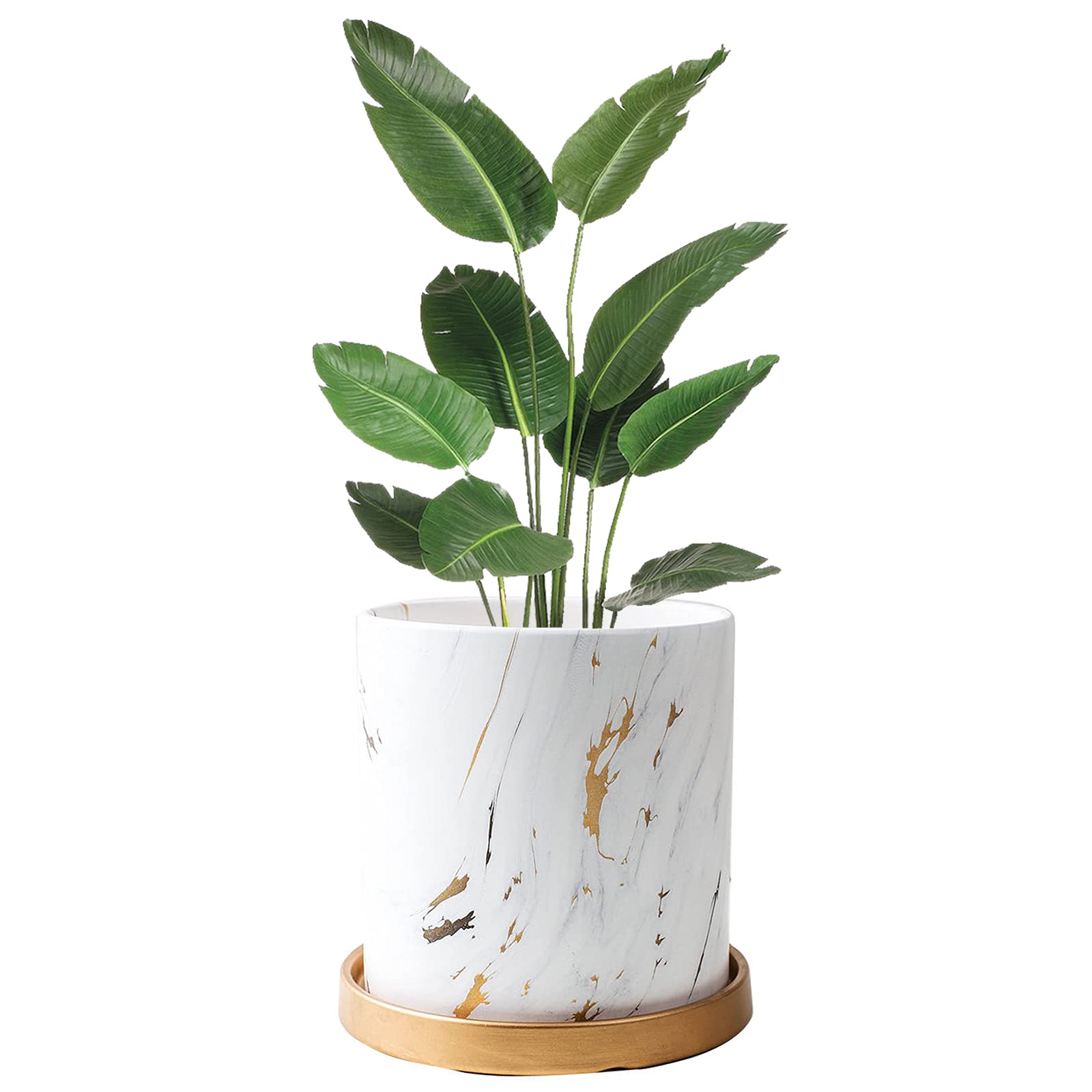 Modern Nordic Style 7.7 Inch Ceramic Marble Look Plant Pot with Drainage Tray - Indoor Flower Planter for Succulents, Cactus, Home & Office Decor | Perfect for Windowsills, Desks, and Living Room Decorations