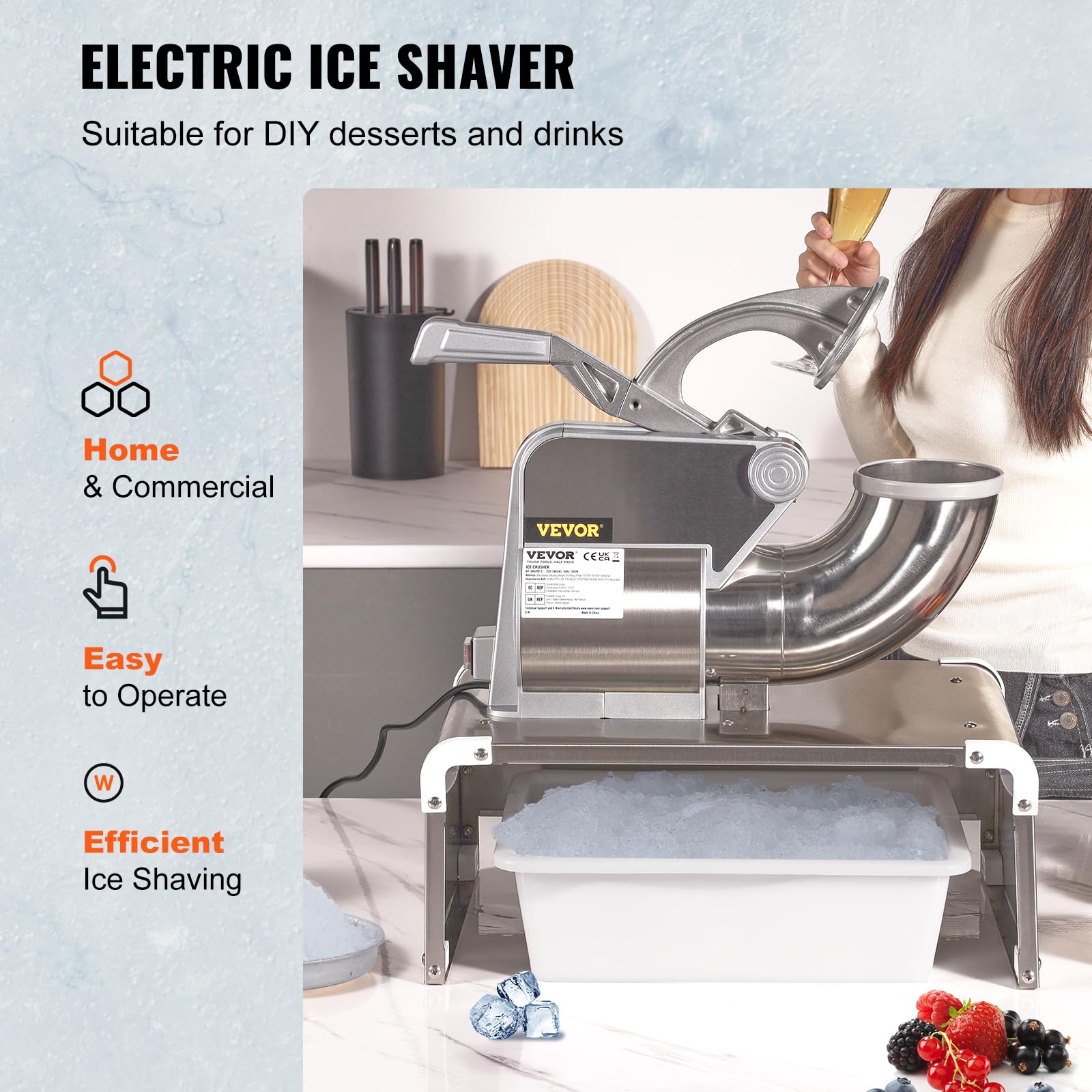 VEVOR 110V Commercial Snow Cone Machine - 661LB/H Electric Ice Shaver with Dual Blades & 20QT Stainless Steel Ice Basin, 250W High-Speed (1420RPM) Shaved Ice Maker for Parties, Events, and Business Use - Perfect for Summer Treats, Concessions, and Frozen Desserts
