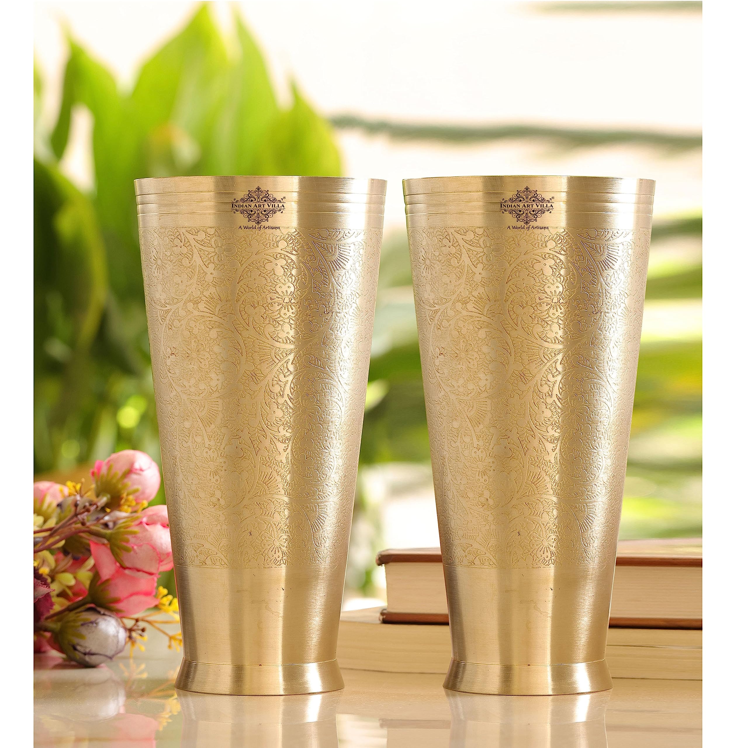 Premium Indian Brass Lassi Glass Tumbler Set - 54oz Embossed Flower Design Drinking Cups (Set of 2) - Perfect for Traditional Yogurt Drinks, Smoothies, and Chilled Beverages at Home or Restaurant