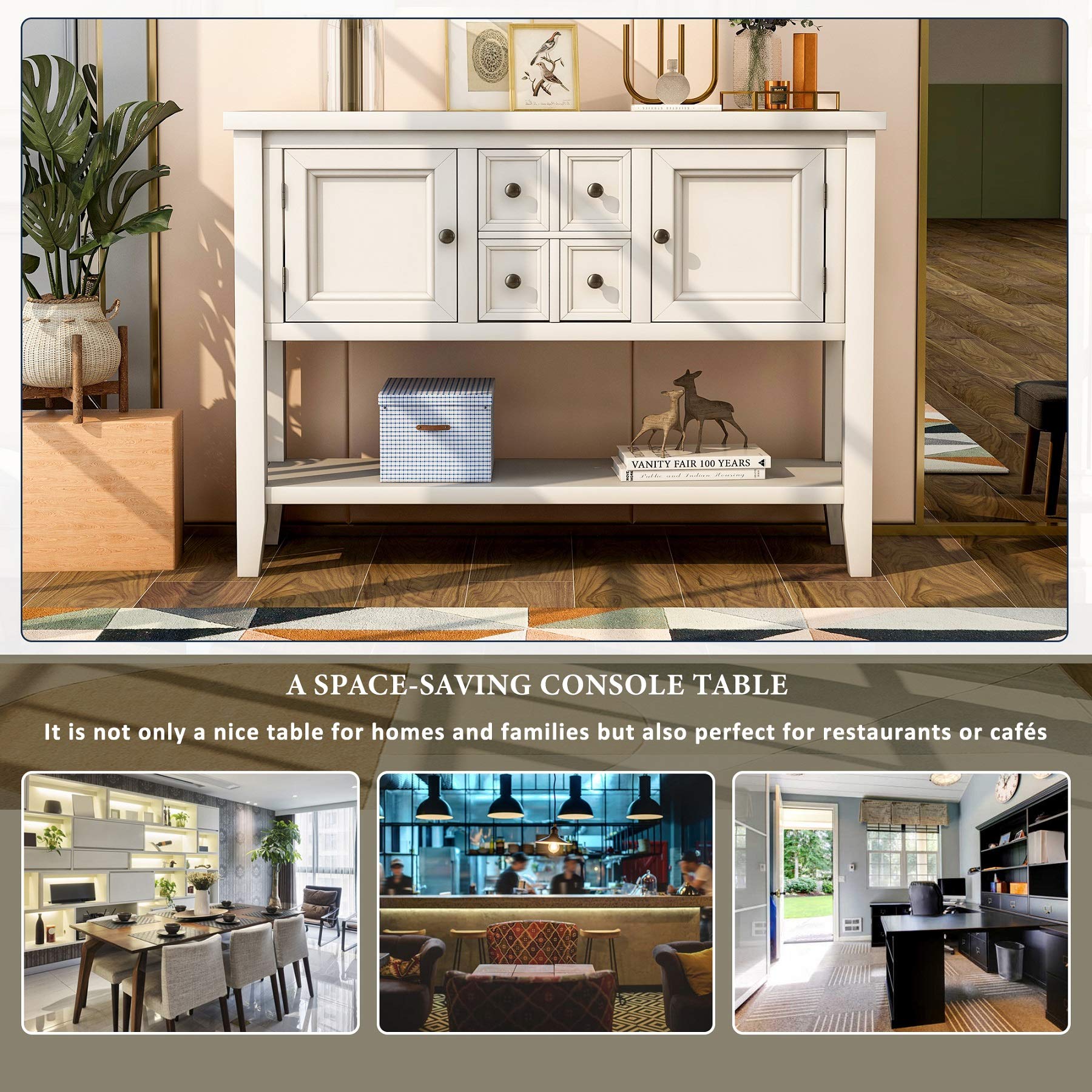 Danxee White Wood Buffet Storage Cabinet Console Table with 4 Drawers & Shelves - Kitchen, Dining Room & Living Room Furniture for Home Organization & Stylish Storage
