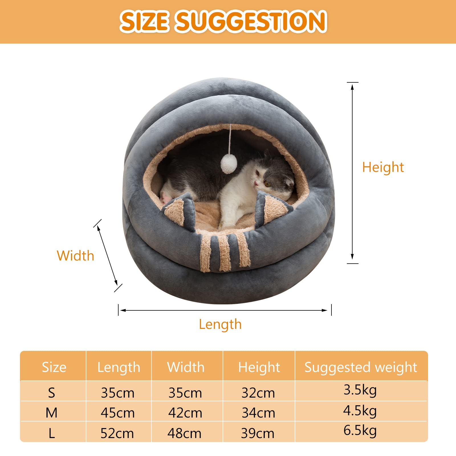 **Orthopedic Cat Bed for Indoor Cats - Soft, Washable & Anti-Slip Pet Cushion for Small, Medium, Large Dogs & Cats - Cozy Cat-Shaped Cave with Hanging Toy - Perfect for Lounging, Napping & Playtime**