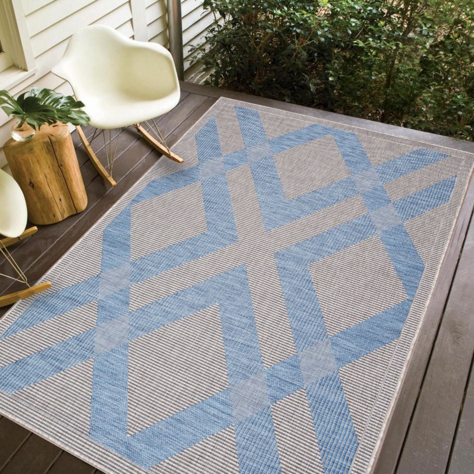 Premium Polypropylene Indoor/Outdoor Rug - Light Grey & Blue - Perfect for Carnival, Patio, Deck, and Living Room Decor