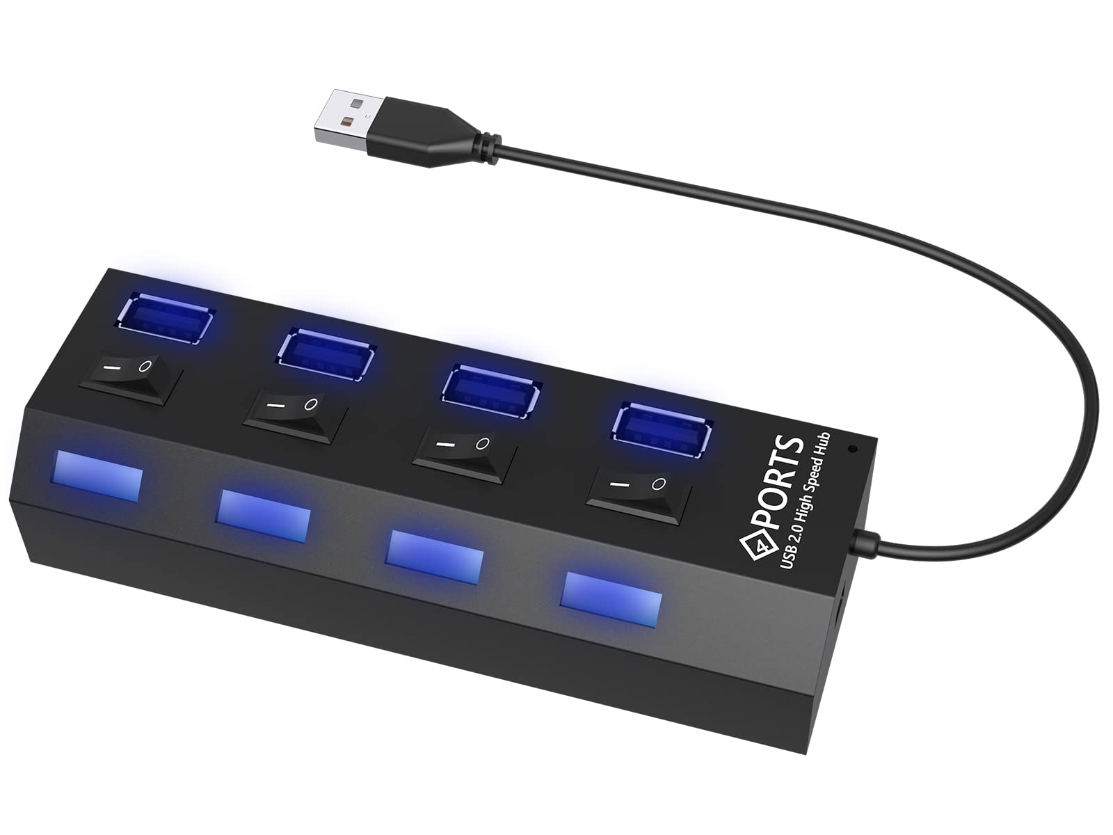 MIUOLV 4-Port USB 2.0 Hub with LED Indicator & Individual Power Switches - USB Splitter Adapter for Laptop, PC, MacBook, Surface Pro, Xbox, PS4 - Connect Keyboard, Mouse, Printer, Flash Drive (Black) - Perfect for Home Office, Gaming Setup & Workspace Organization