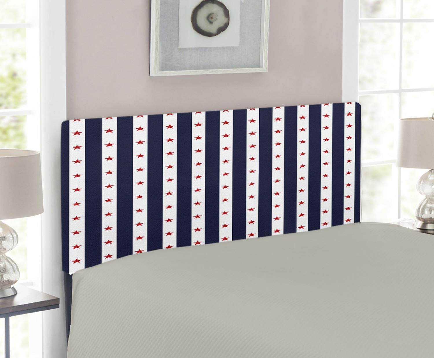 Ambesonne USA Twin Size Upholstered Headboard - Patriotic Fourth of July Design with Stars & Stripes, Metal Frame & Memory Foam Support - Perfect for Bedroom Decor & Holiday Themed Rooms (Indigo Red White)