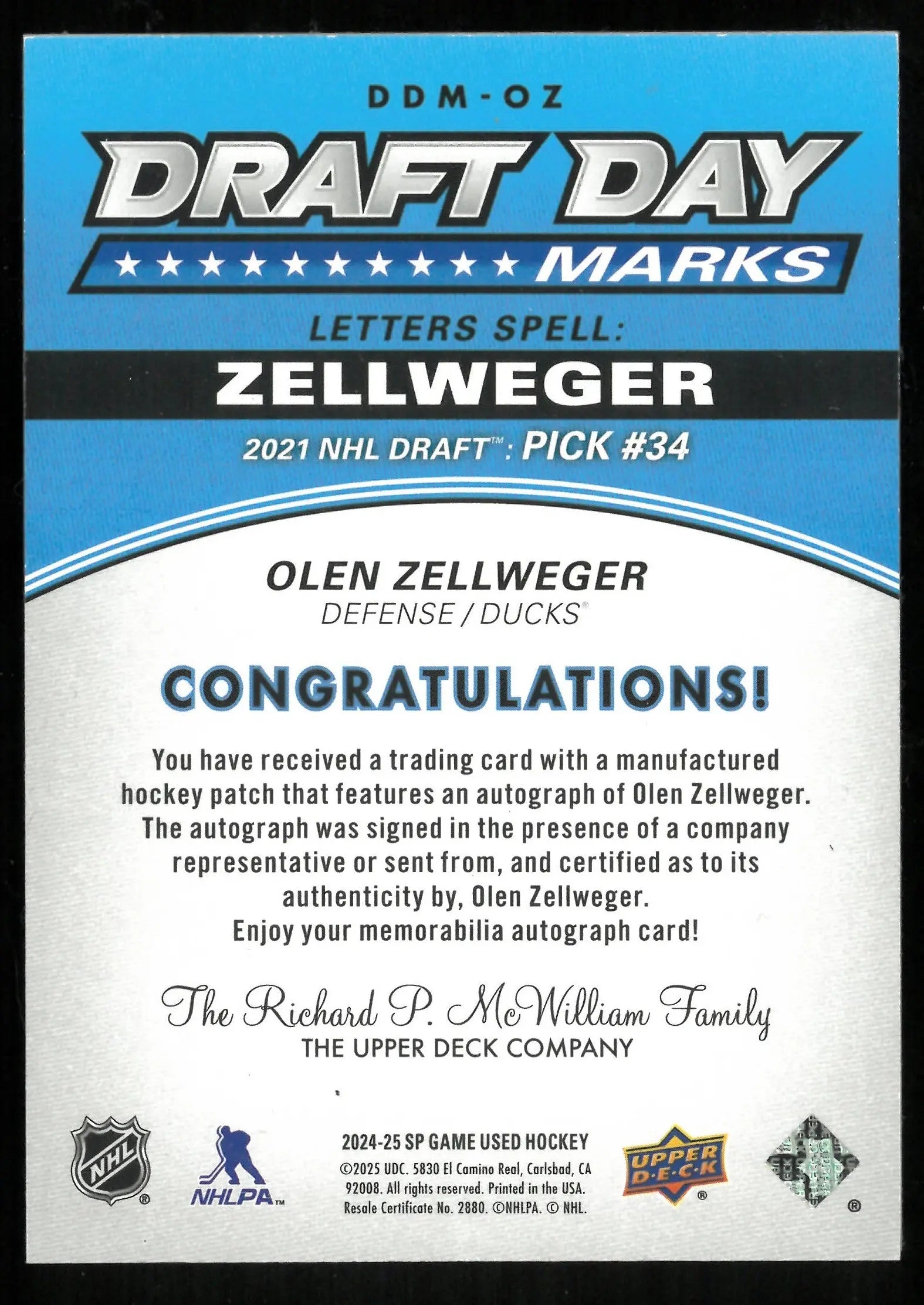 2024 Upper Deck SP Game Used Olen Zellweger Rookie Card Draft Day Autograph Letter Patch /35 - NHL Hockey Collectible for Fans & Investors