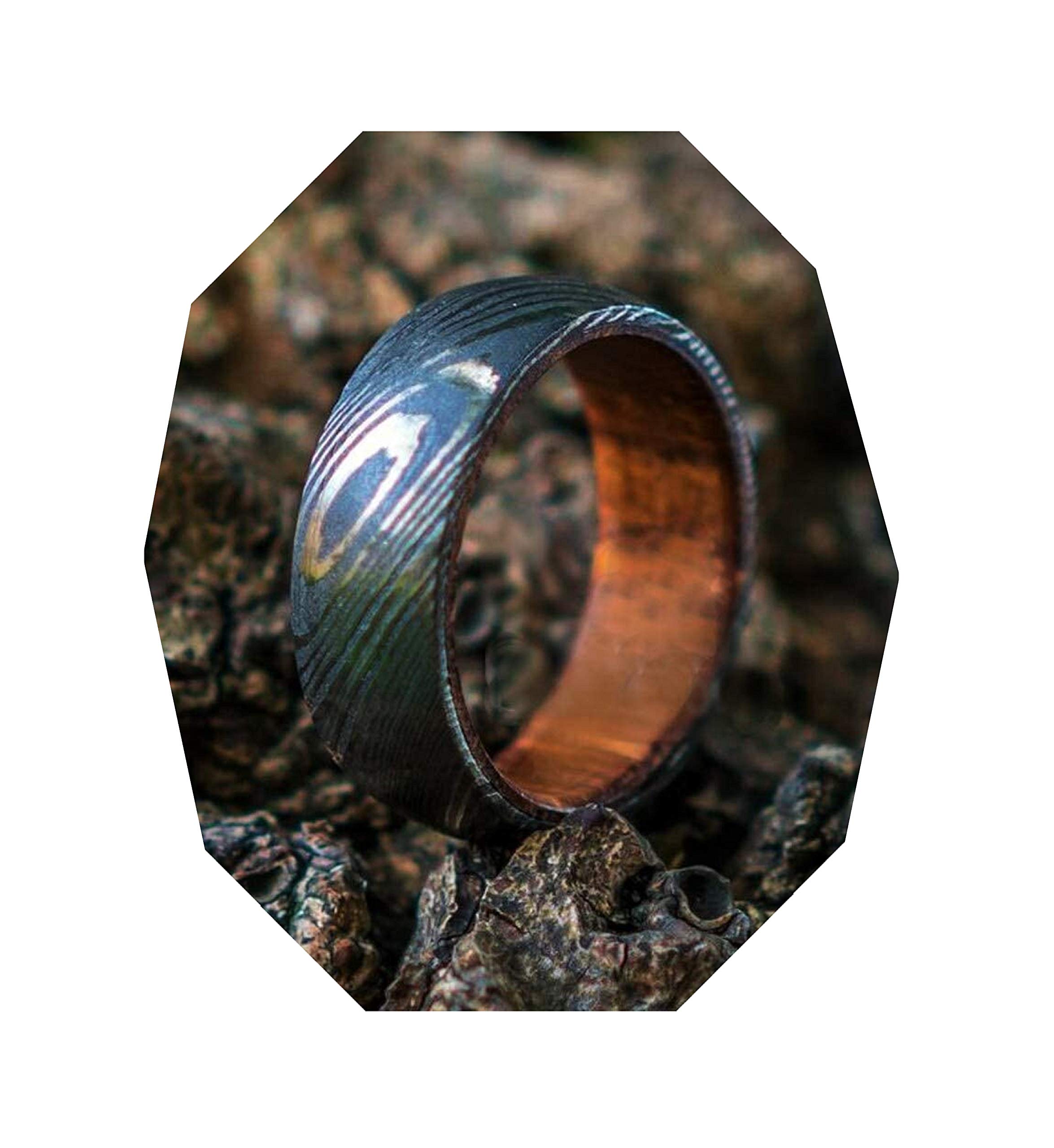 Handmade Damascus Steel Ring with Hardwood Sleeve - Custom Anniversary, Wedding Band & Father's Day Gift for Men (Colors May Vary) - Perfect for Special Occasions & Everyday Wear