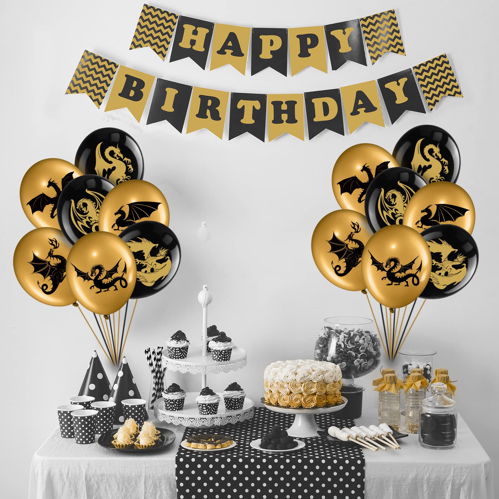 Zomiboo 50-Piece Dragon Theme Party Supplies Set - Black Gold Fantasy Birthday Decorations with 12-Inch Balloons for Medieval, D&D, and Fantasy Themed Parties