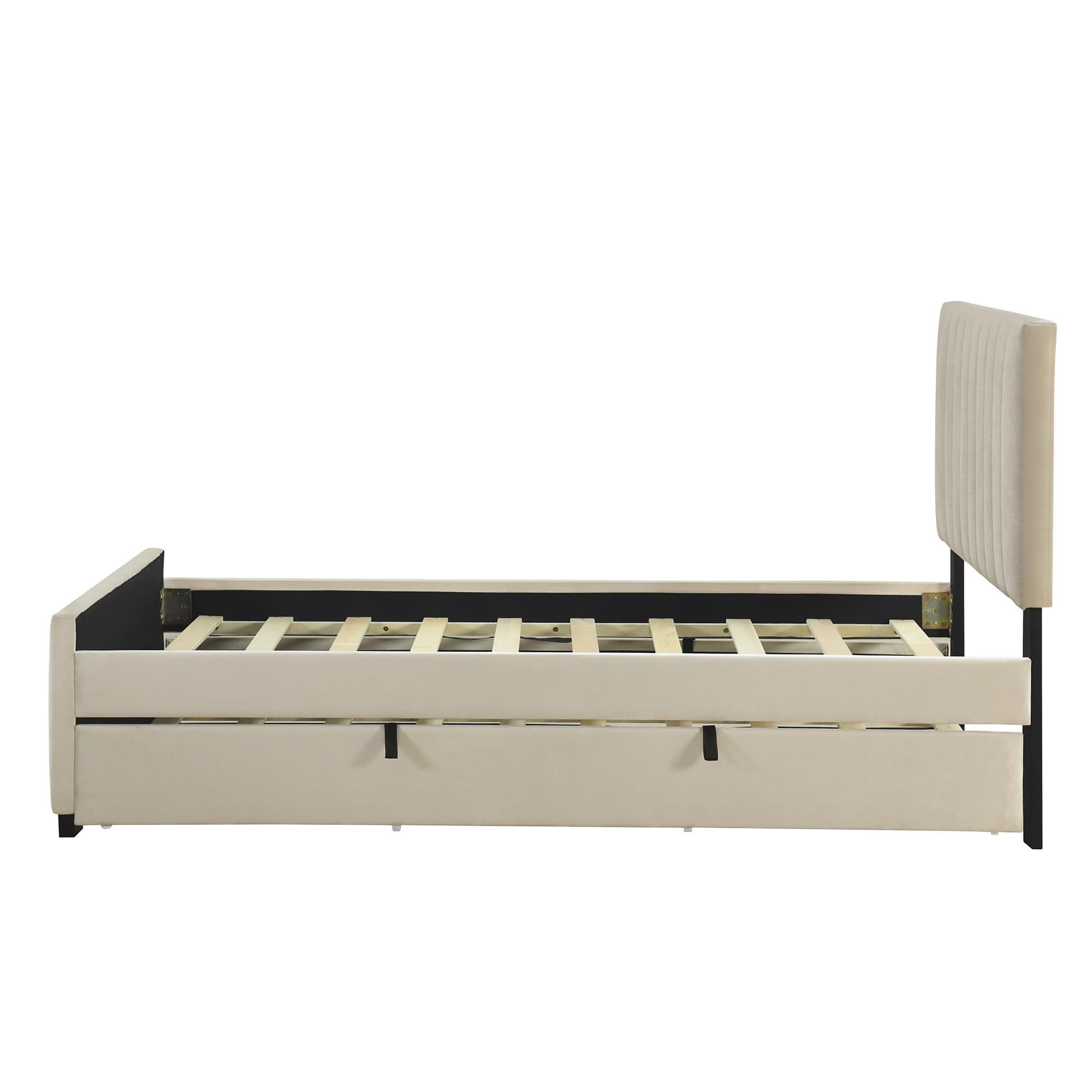 SOFTSEA Twin Upholstered Platform Bed with Trundle - Tufted Velvet Headboard for Kids, Teens & Adults - No Box Spring Needed - Beige Bedroom Furniture for Small Spaces & Guest Rooms