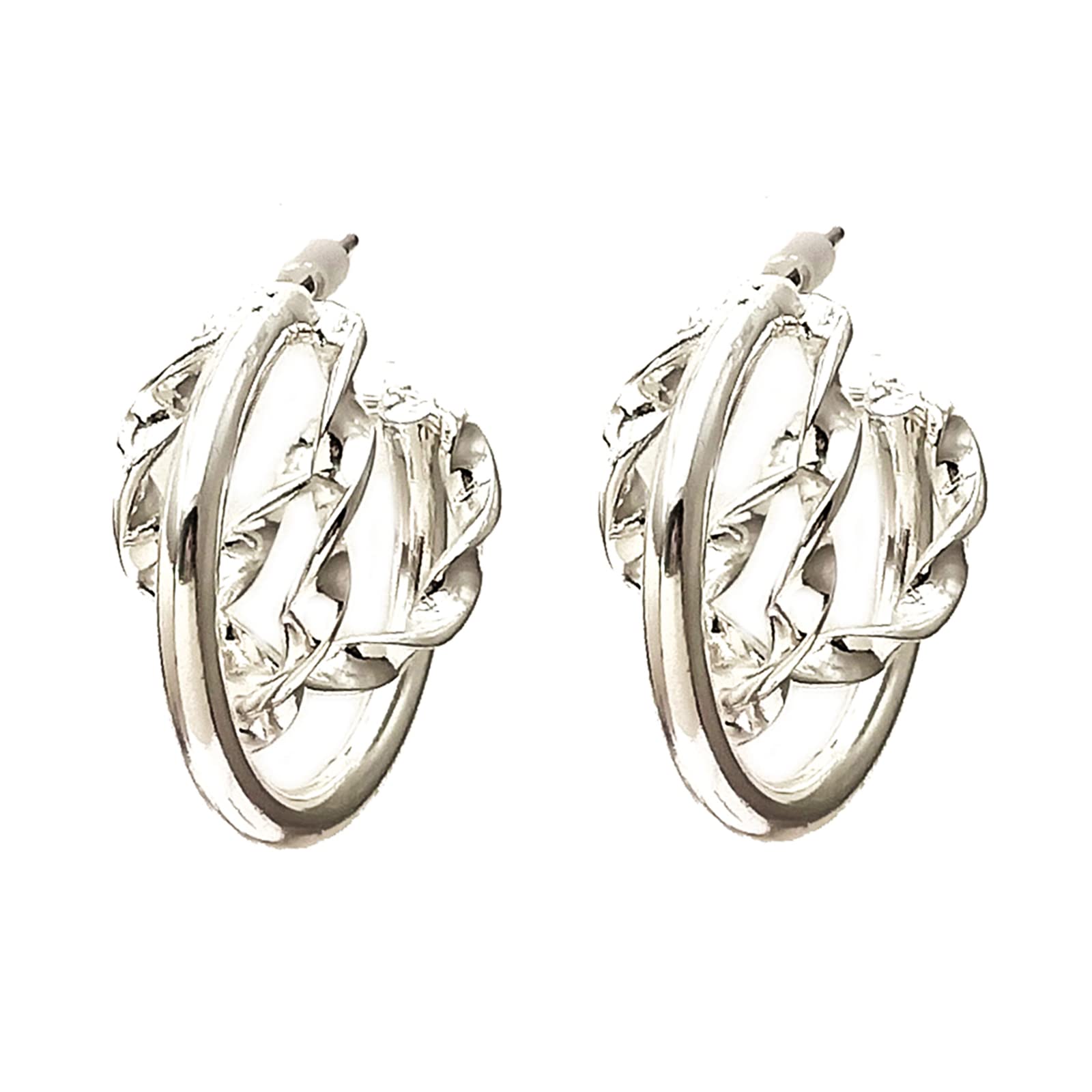 Silver Twisted Open Hoop Earrings - White Gold Plated Chunky Trendy Hypoallergenic Jewelry for Women | Perfect for Parties, Weddings & Everyday Wear | Dainty Gift for Girls & Women