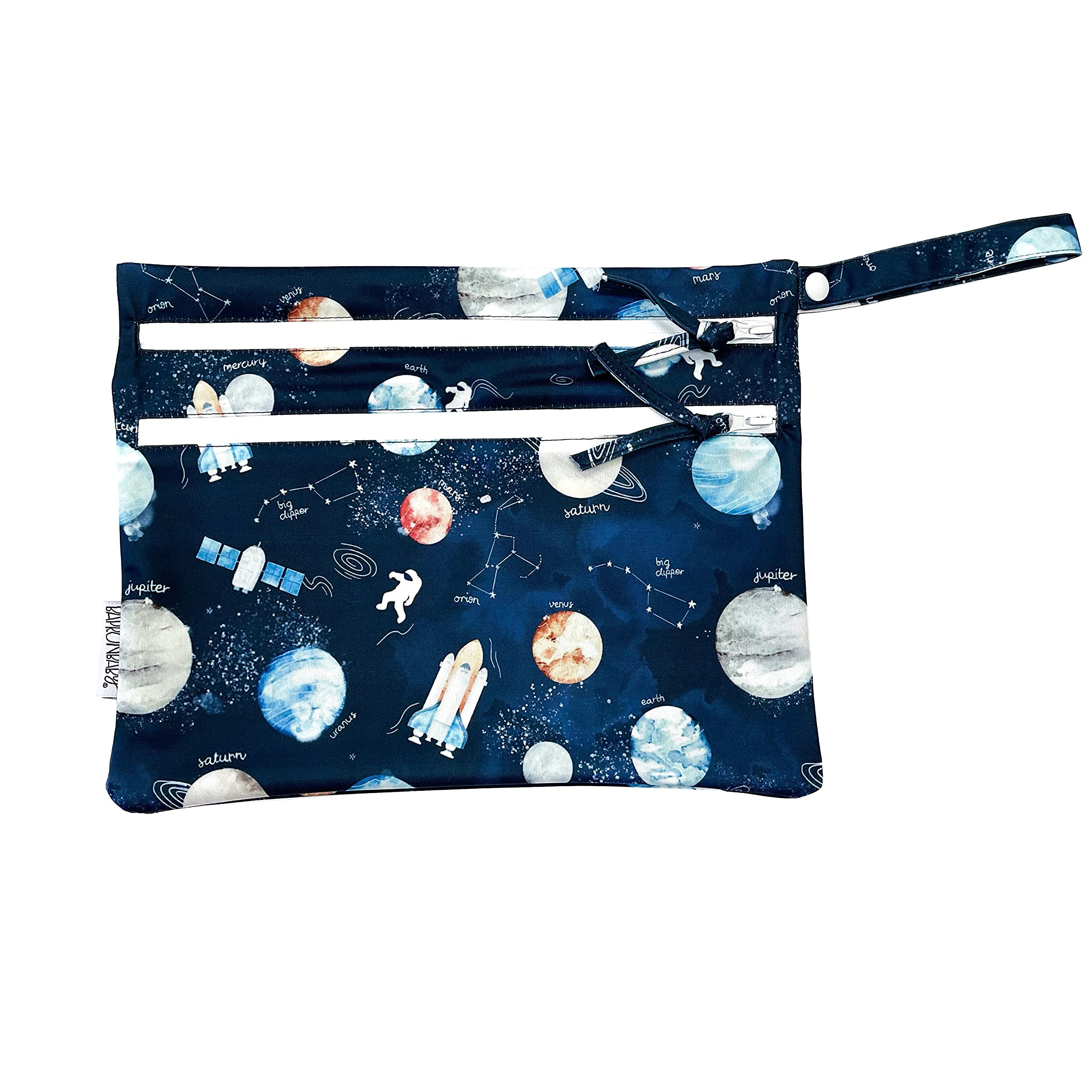 BapronBaby Outer Space Wet Dry Bag - Waterproof Reusable Storage Pouch with Two Zipper Pockets for Diapers, Swimsuits, Snacks & Baby Essentials - Machine Washable 11