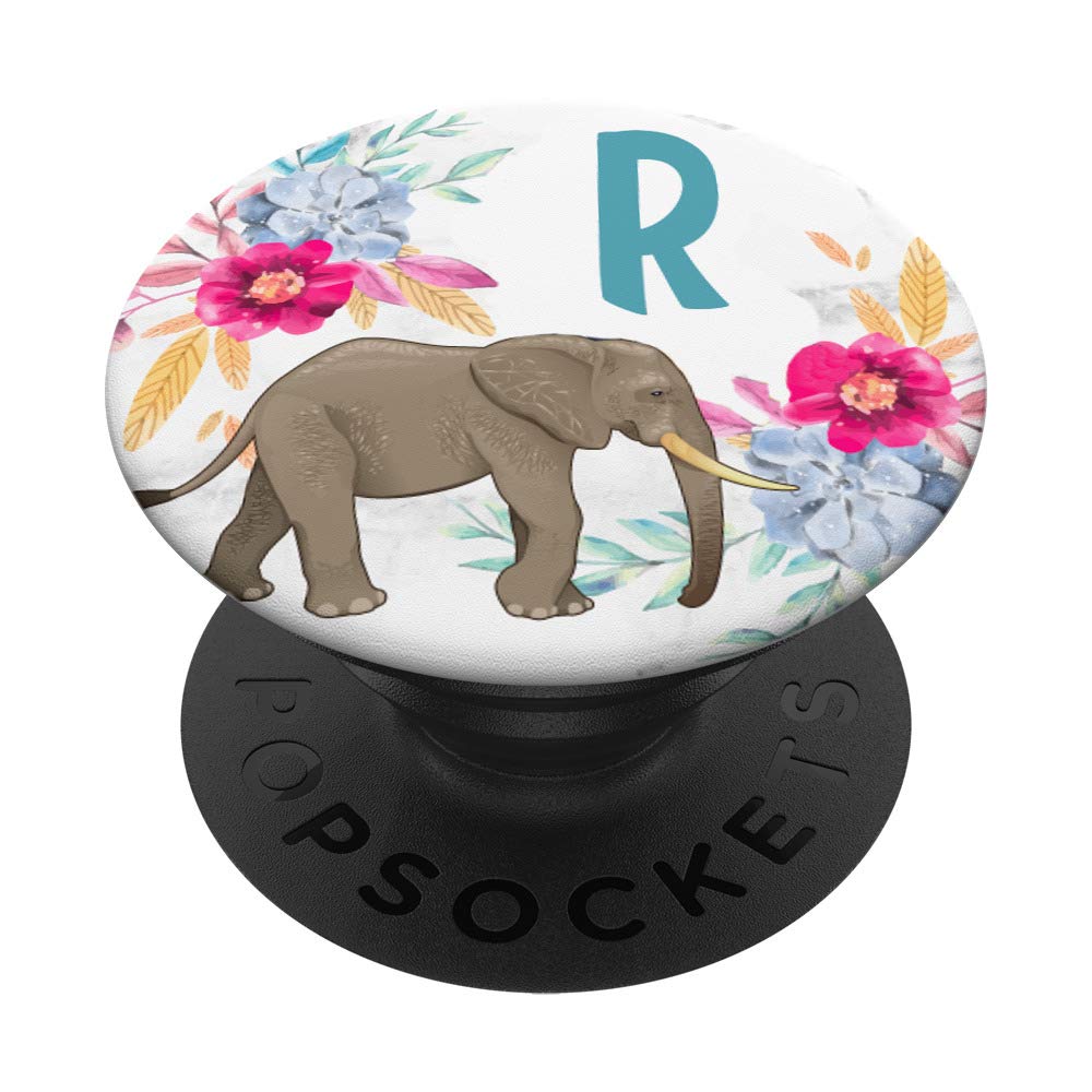 Blue Initial Letter R Elephant & Flowers on White Marble Art - Personalized Home Decor for Nursery, Bedroom & Wedding Gifts