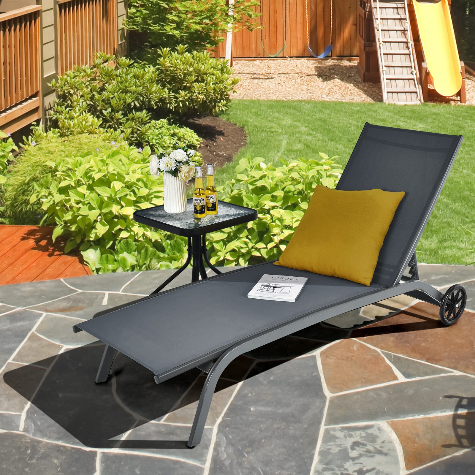 **Tangkula 6-Position Adjustable Outdoor Chaise Lounge Chair - Breathable Fabric, Smooth Wheels - Patio, Poolside, Garden Relaxation (Grey)**