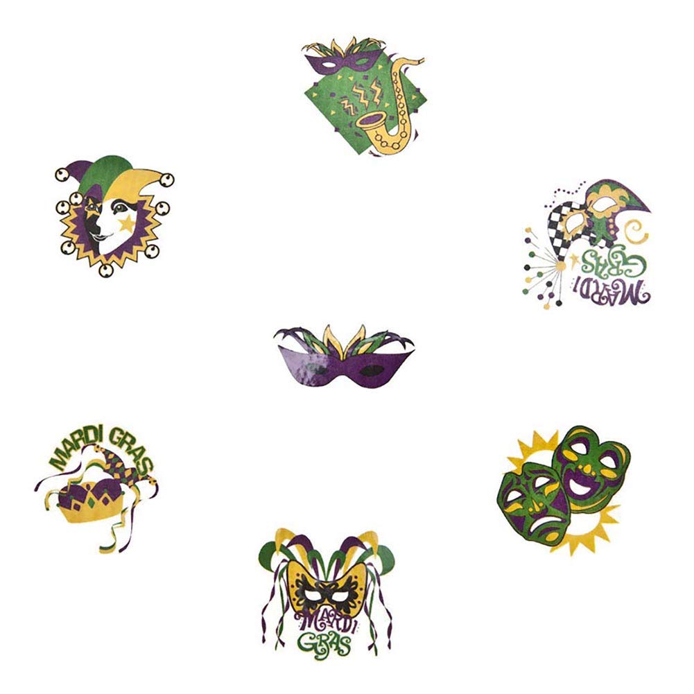 Fun Express Mardi Gras Party Tattoos - 24 Pack Temporary Tattoos for Carnival, Festivals & Costume Parties - Vibrant Face & Body Art for Adults & Kids