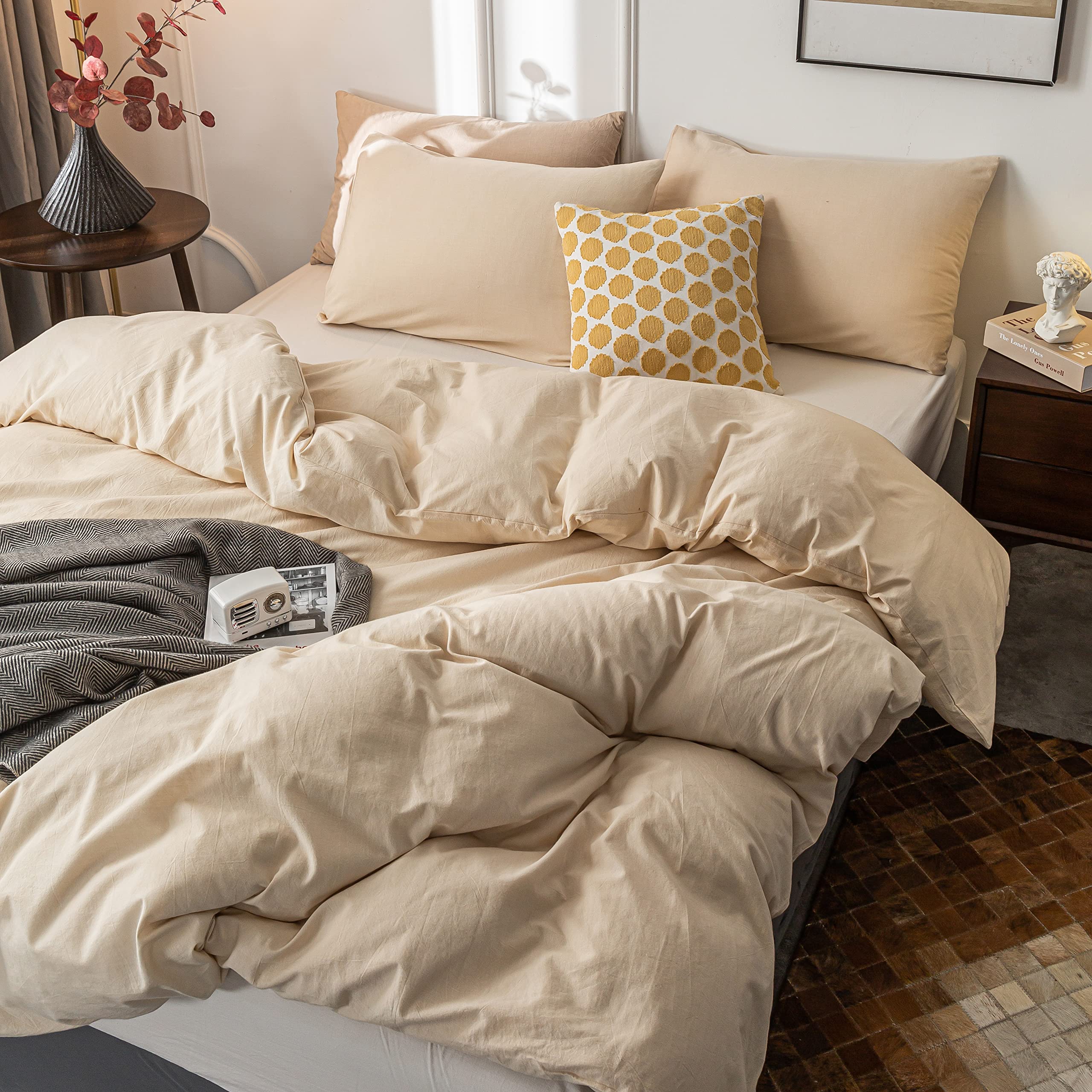 Janlive 100% Washed Cotton Duvet Cover Queen Size - Ultra Soft Solid Beige 3-Piece Bedding Set with Zipper Closure | Breathable & Comfortable for All Seasons, Perfect for Master Bedroom, Guest Room & Vacation Homes