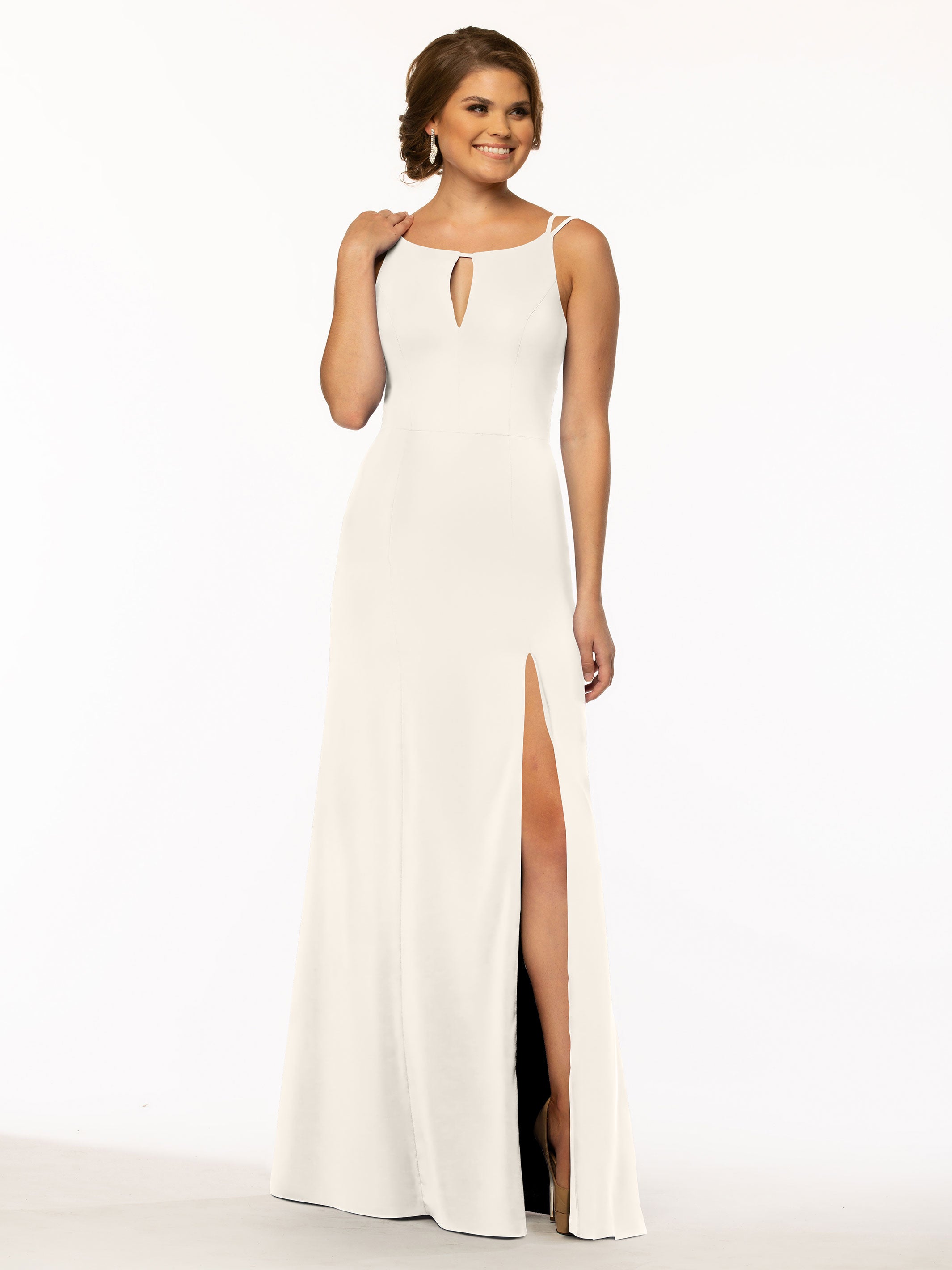 Elegant 83030 Sheath Stretch Chiffon Bridesmaid Dress with Bateau Neckline & Thigh Slit - Perfect for Weddings, Formal Events & Special Occasions