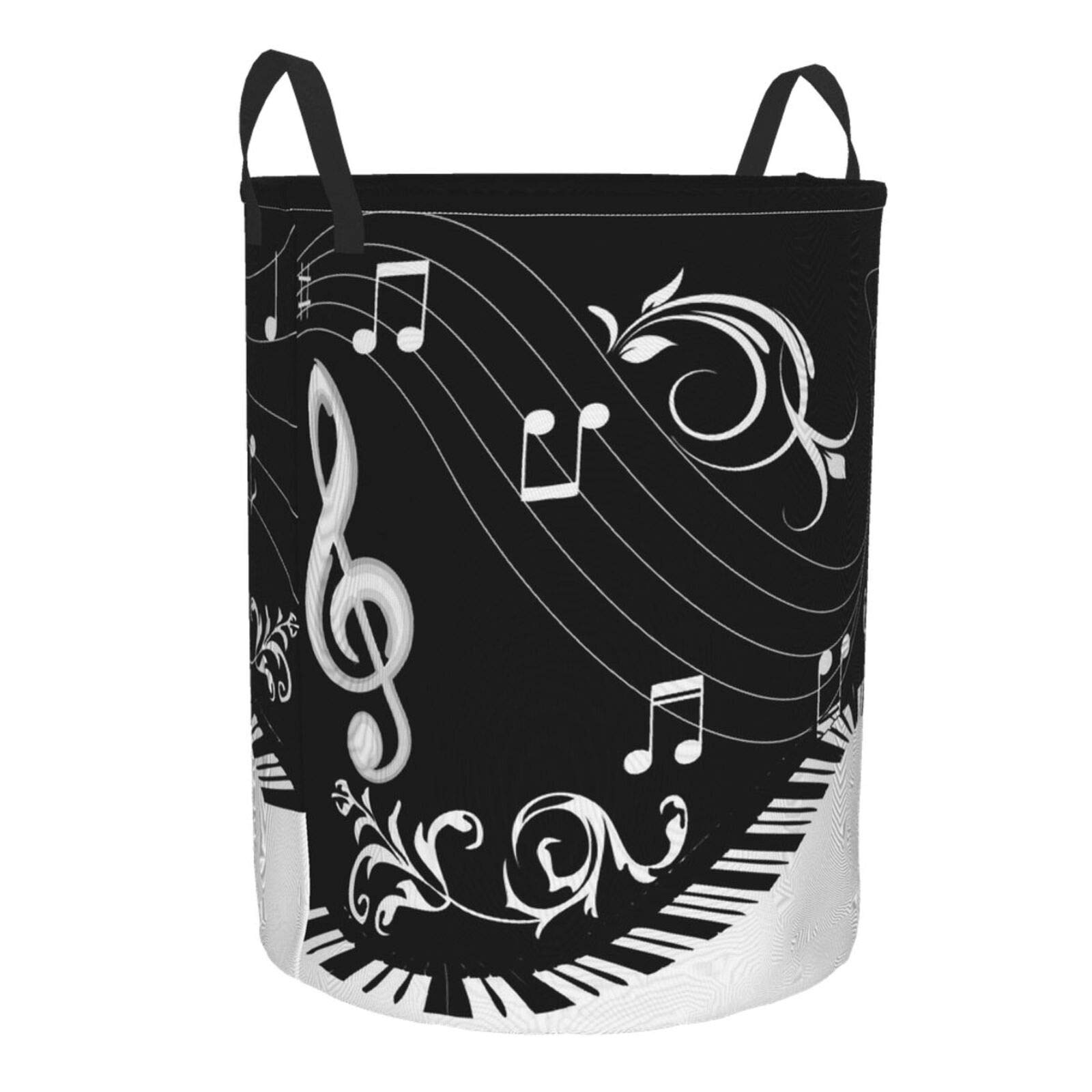 Black Music Notes Collapsible Laundry Basket with Handle - Waterproof Fabric Hamper Organizer for Dirty Clothes, Toys & Bathroom Storage - Perfect for Bedroom, Dorm, Laundry Room & Nursery Organization