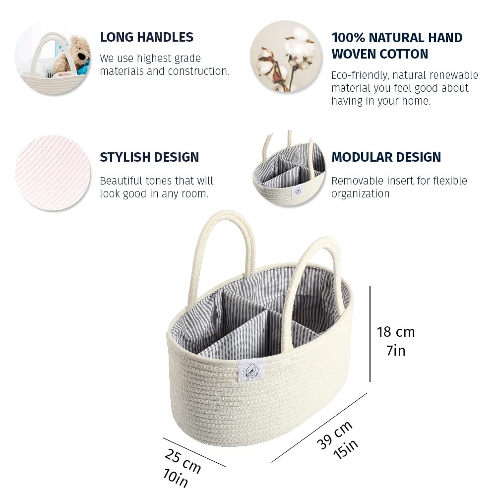 OrganiHaus Rope Diaper Caddy Basket - Baby Changing Organizer with Dividers & Handles, Nursery Storage Basket for Newborn Essentials | Perfect Baby Shower Gift & Changing Table Organizer (White) - Ideal for Diaper Storage, Baby Wipes, Lotions & Nursery Organization