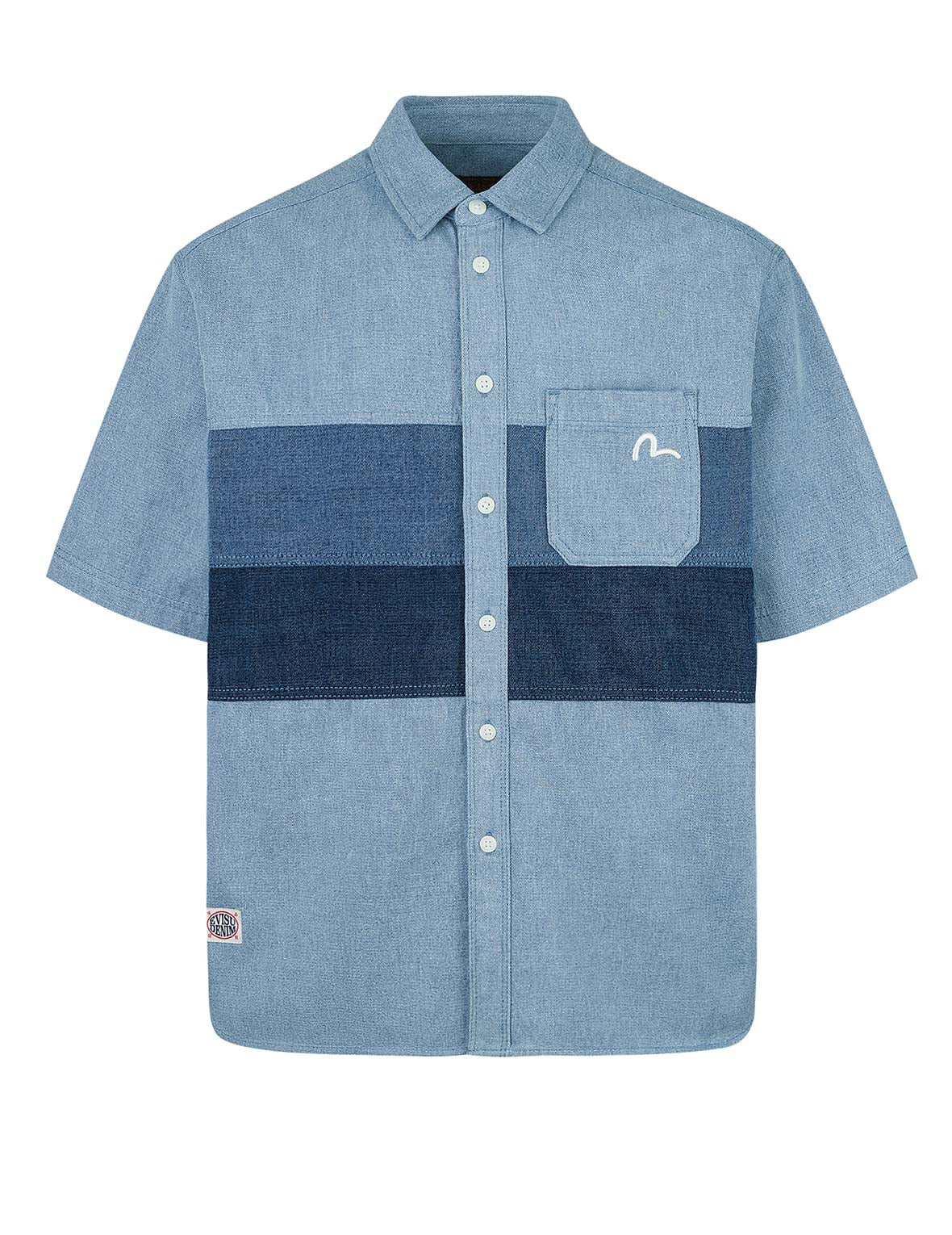 Stylish Panel Design Denim Short Sleeve Shirt for Men & Women | Trendy Casual Button-Up Top for Summer Outings, Beach Trips & Streetwear Fashion