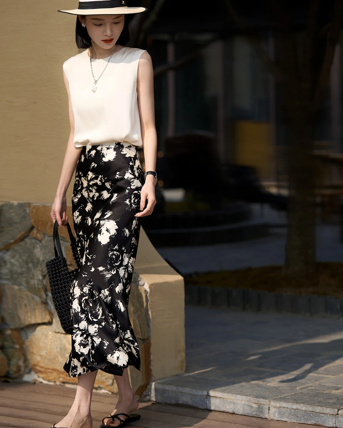 Elegant Black and White Floral Silk Skirt for Women - Summer Party Dress, Wedding Guest Outfit & Office Wear