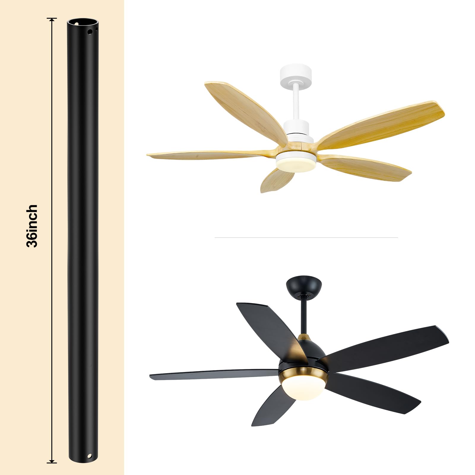 36 Inch Ceiling Fan Extension Downrod with Wires - Matte Black Polished Finish - Replacement Part for Ceiling Fans - Perfect for High Ceilings in Living Rooms, Bedrooms & Patios
