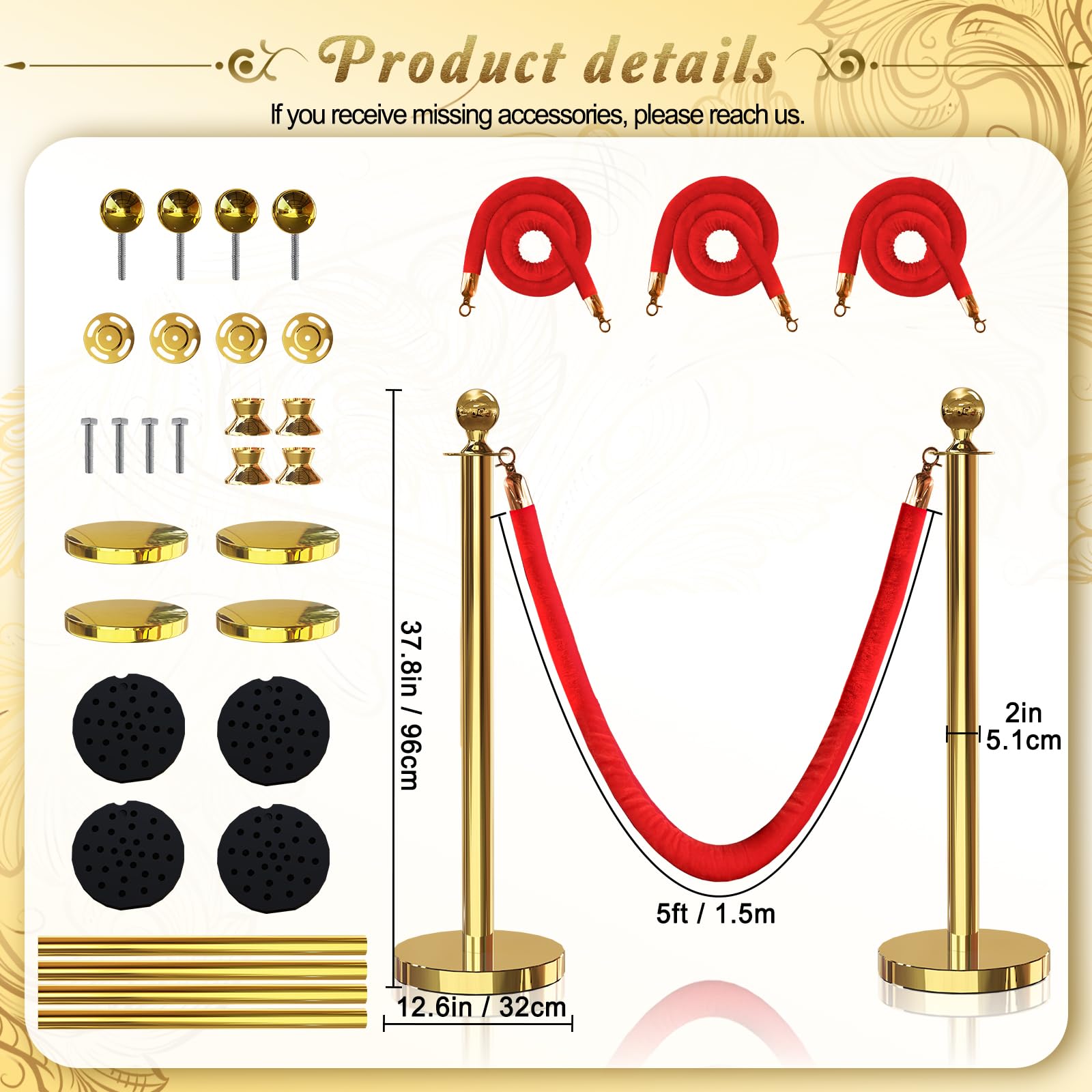 4PCS Gold Stanchion Posts with 3PCS 5FT Red Velvet Rope - Premium Crowd Control Barrier Set for Events, Parties, VIP Areas & Red Carpet Occasions | Durable Velvet Rope Stanchion System for Wedding, Theater, Museum & Hotel Queue Management