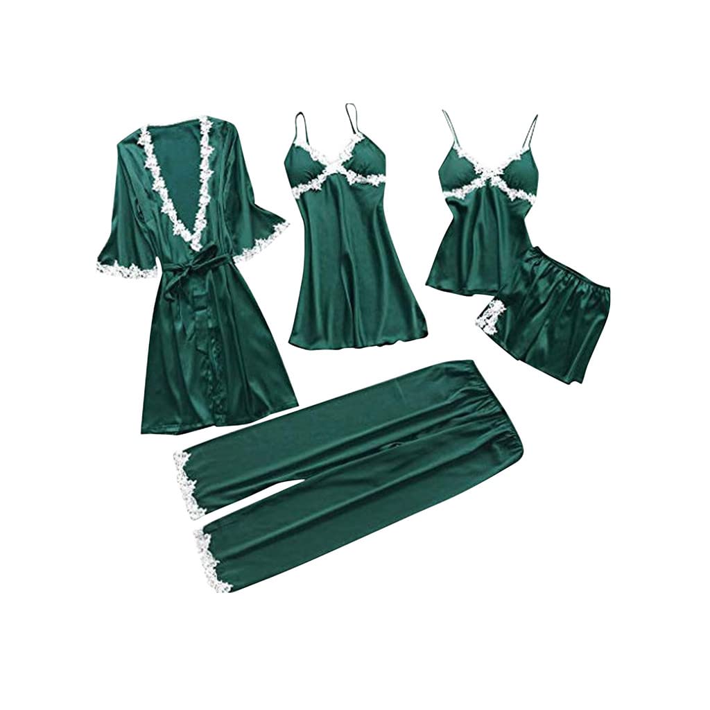 VEZAD 2pc/4pc/5pc Women's Floral Lace Trim Satin Sleepwear Set - Cami Pajama & Robe with Panties - Comfortable Nightwear for Lounge, Sleep & Honeymoon
