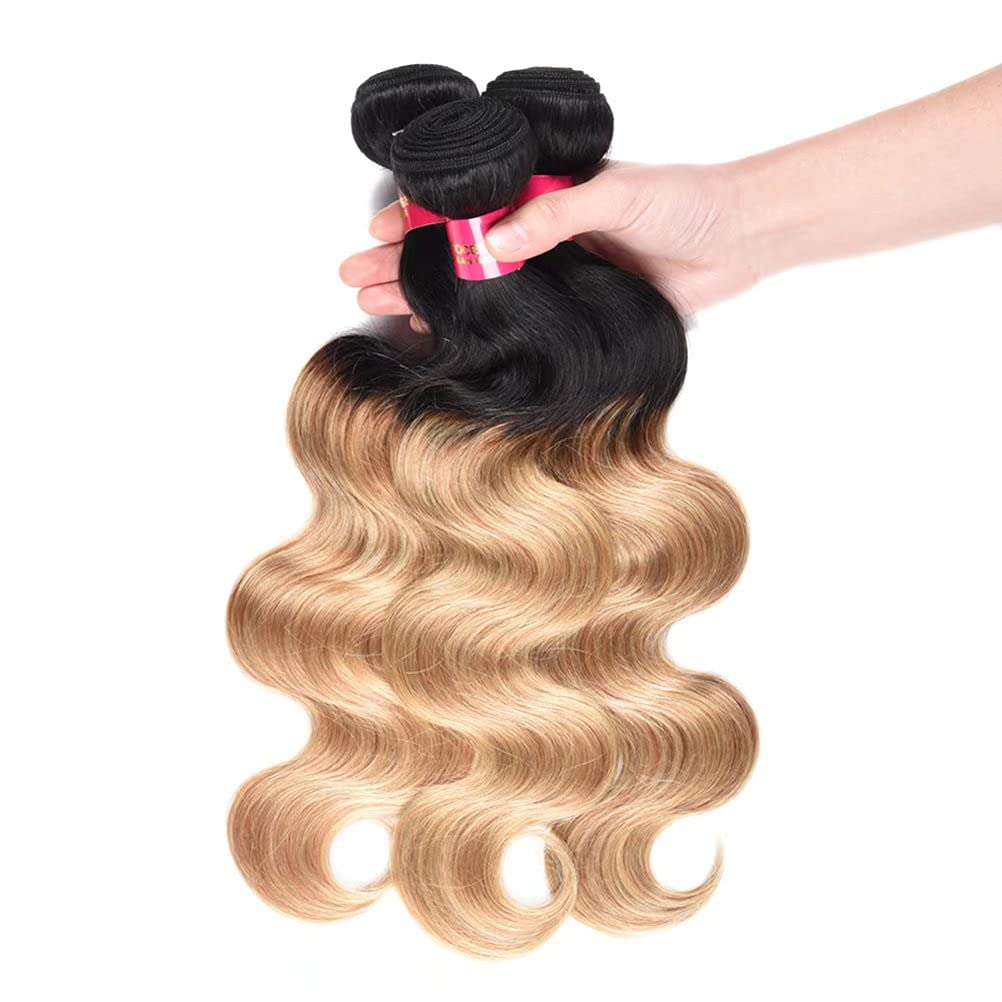 WOME Brazilian Ombre Human Hair Bundles - 3 Bundles Unprocessed #1B/27 Blonde Ombre Two Tone Hair Wefts Extensions (10