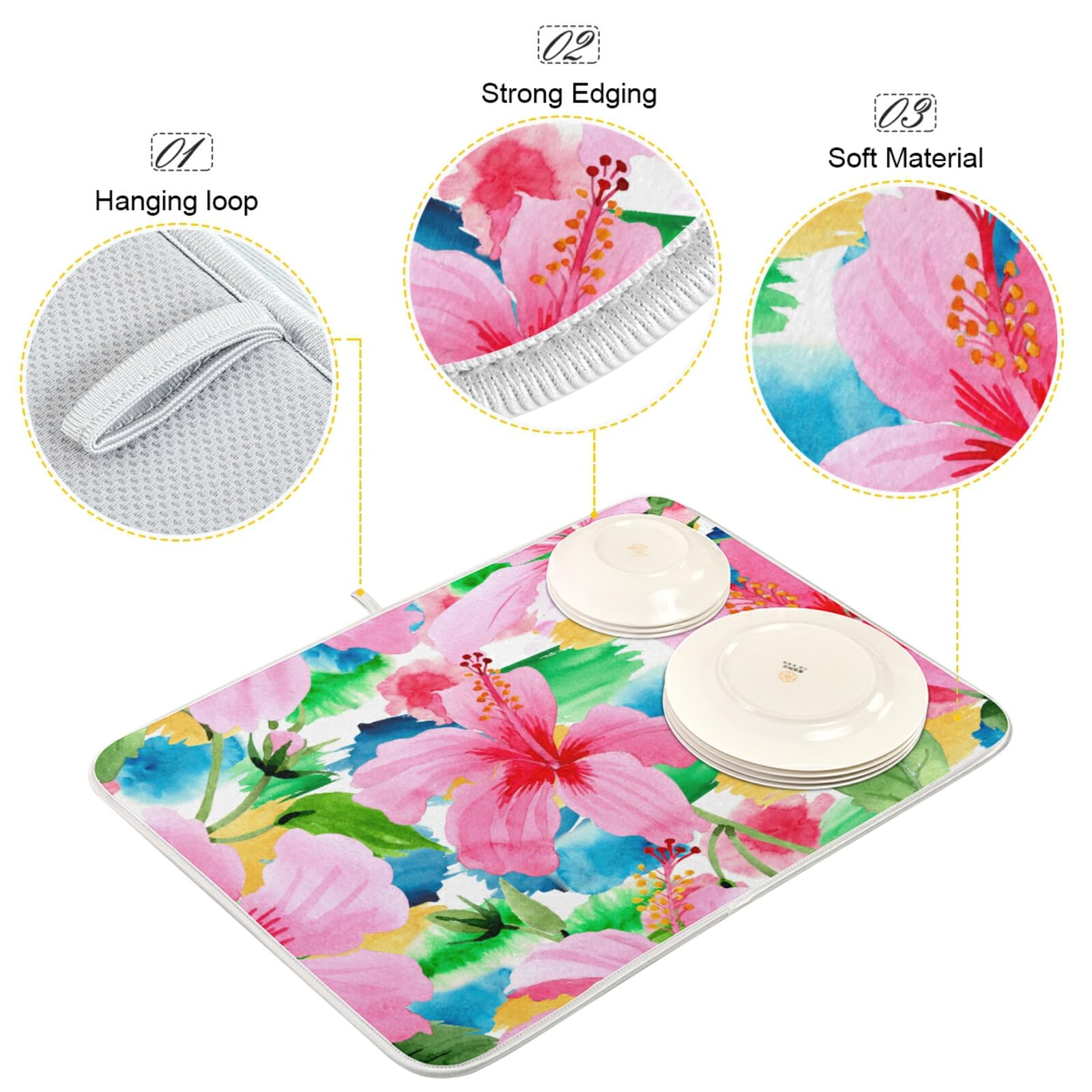 Floral Dish Drying Mat - 18x24 Inch Absorbent Microfiber Kitchen Counter Mat, Washable Dish Rack & Drainer Pad for Dishes, Cups & Utensils - Perfect for Countertop Drying After Washing