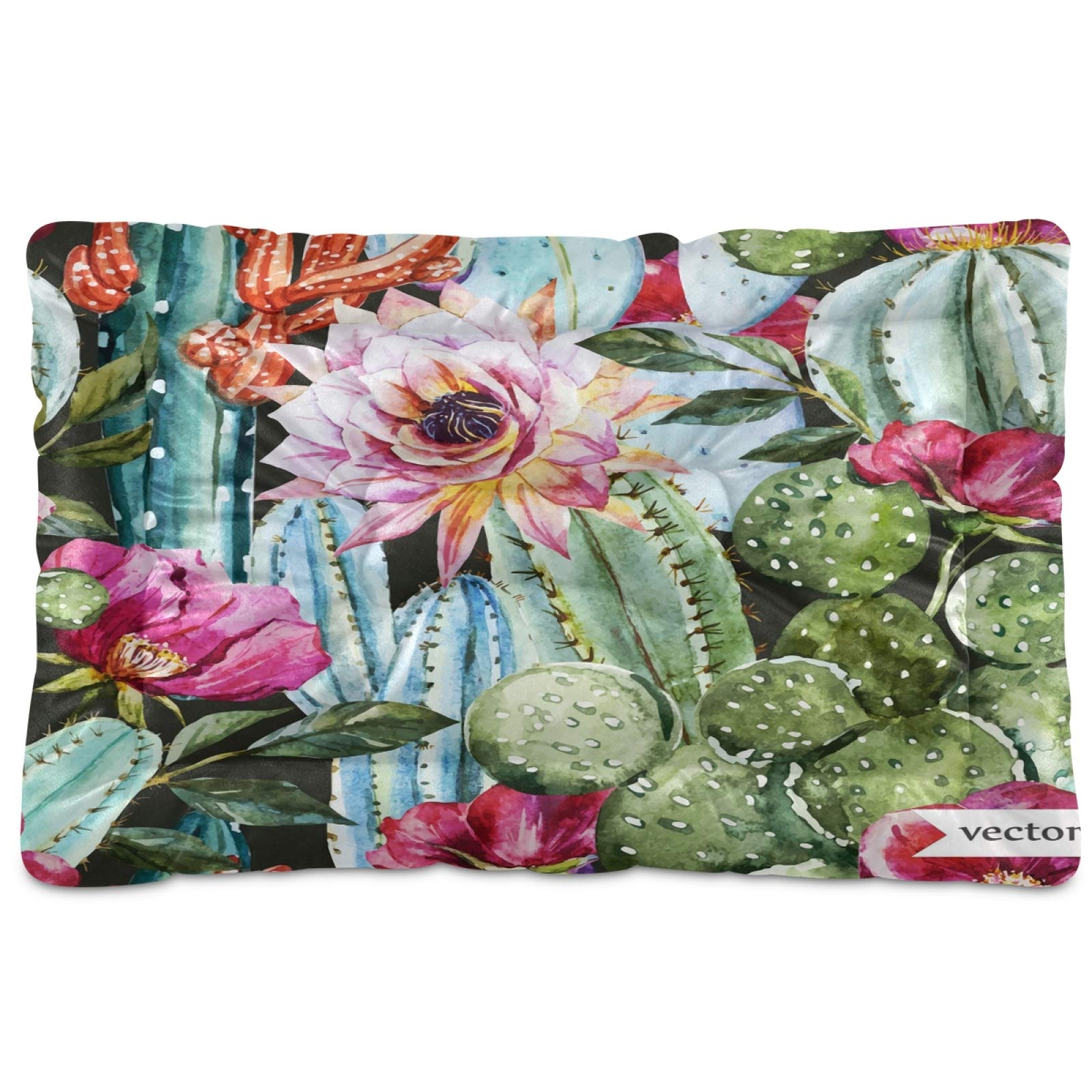 KEEPREAL Ultra Soft Calming Pet Bed for Small & Medium Dogs & Cats - 24x18 Inch Rectangle Comfortable Dog Bed & Cat Bed with Floral Cactus Design | Perfect for Crate, Kennel, or Home Lounging